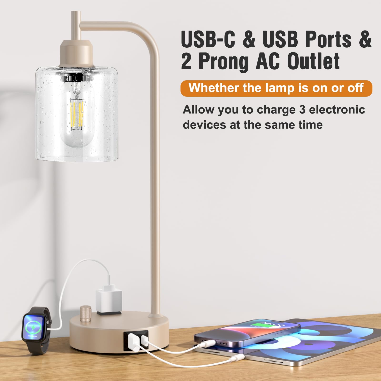 Industrial Table Lamps For Bedrooms Set Of 2 - Fully Dimmable Bedside Lamps With Usb Ports And Outlet, Champagne Gold Nightstand