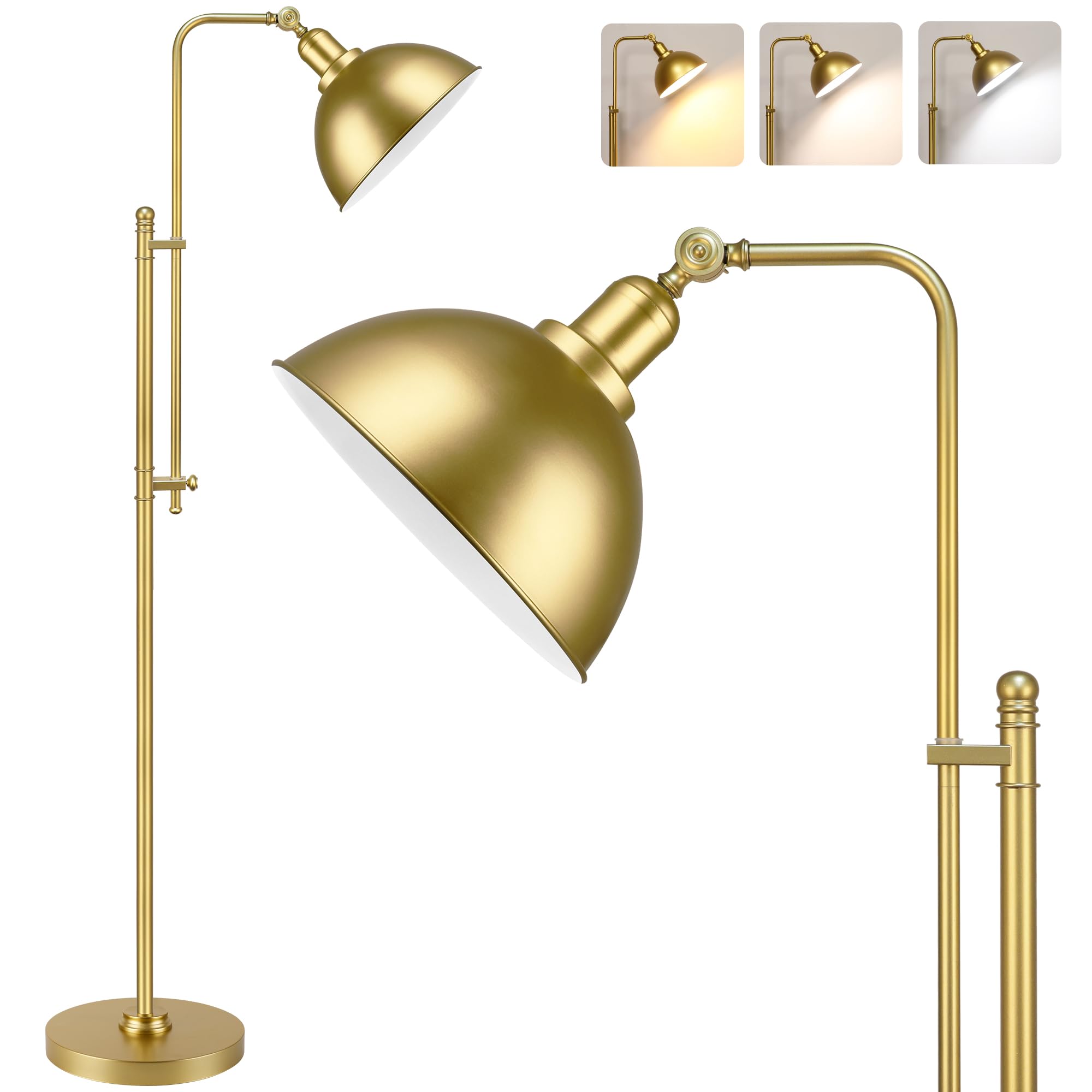 PARTPHONER Industrial Floor Lamp, Adjustable Rustic Design, Metal Shade, Aged Gold Finish, Model STR-FP-0149