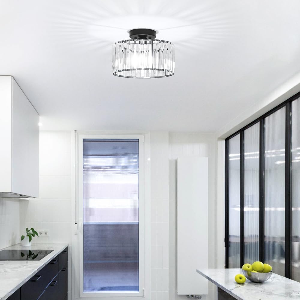 Crystal Ceiling Light Fixture, Modern Semi Flush Mount Ceiling Light, Black Close To Ceiling Light Fixtures, Crystal Chandelier