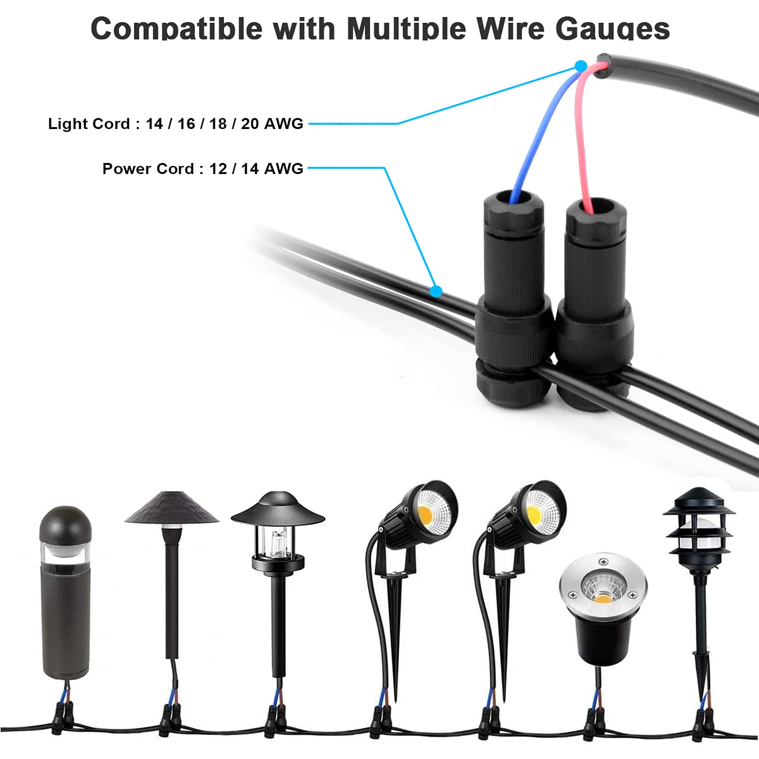 iCreating 22Pack Low Voltage Waterproof Landscape Light Cable Connectors - 12-20 Gauge, Black