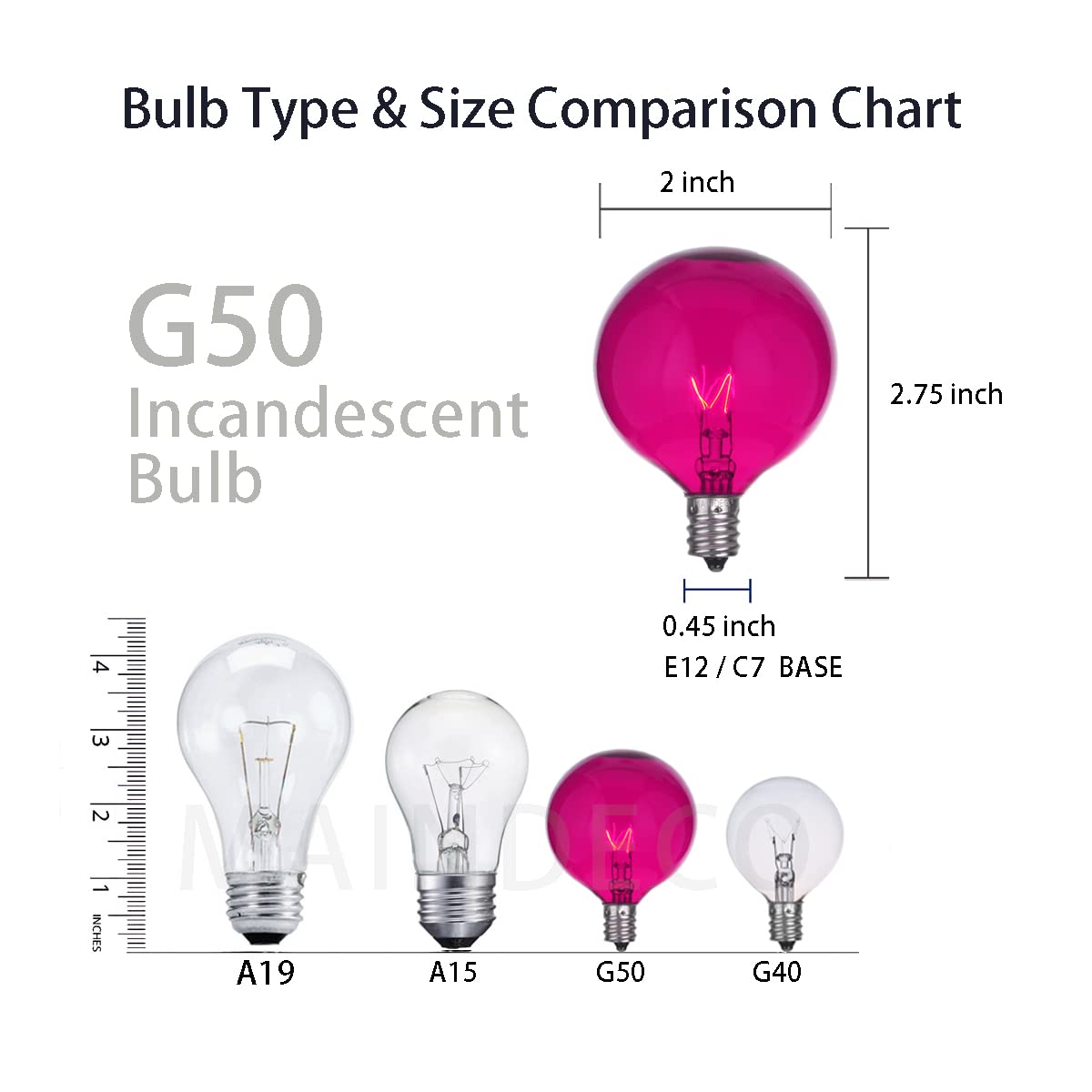 Maindeco 25 Pack G50 Replacement Bulbs,120V 7W Incandescent,E12 Base,For Indoor Outdoor String Lights-Pink