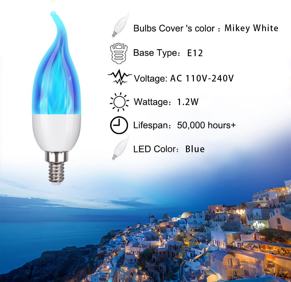 OHLGT E12 Flame Bulbs, 3 Mode LED Candelabra, Blue, 2.0 Watt, 6 Packs