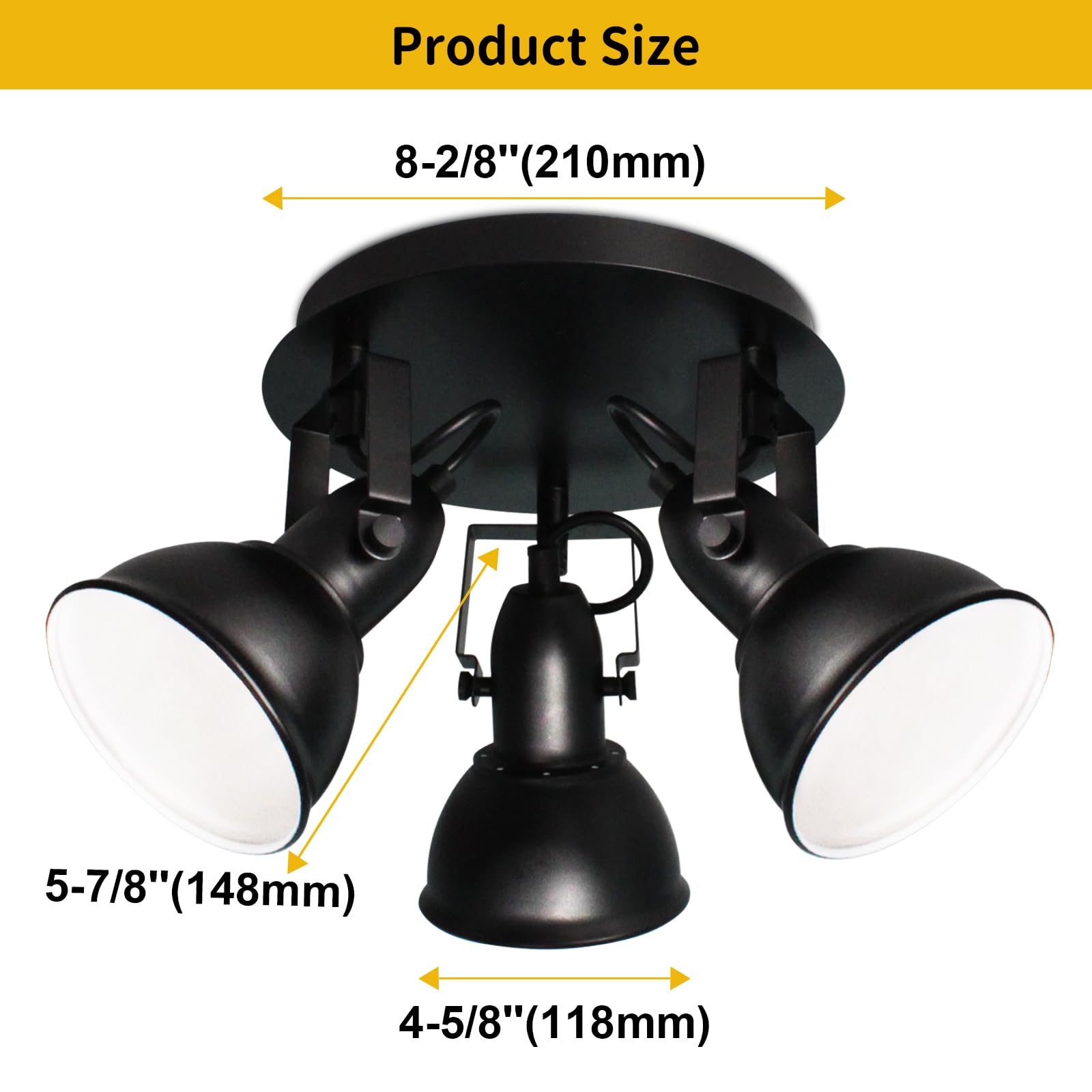 Hibay Led Ceiling Light Fixtures, 3-Lights Adjustable Spotlight, Industrial Track Lighting Fitting With Round Plate For Kitchen,