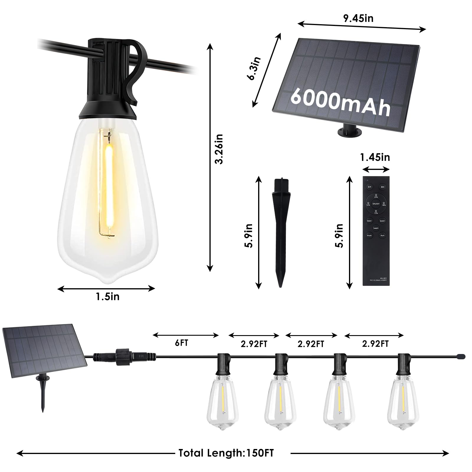 Vuaa 150Ft Solar Outdoor String Lights Waterproof, Solar Powered Patio Lights With 52 Shatterproof St38 Edison Bulbs & Remote Co