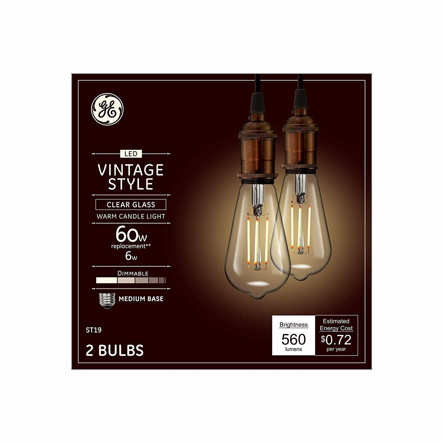 GE Vintage Edison LED Light Bulbs, 6W (60W Equivalent), Dimmable, Clear Glass, 2 Count, Model 36566