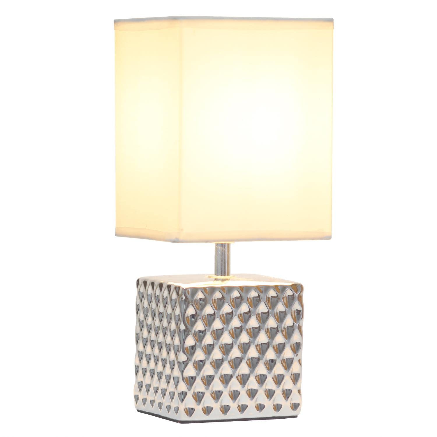 Simple Designs LT1131-CHR Chrome Square Bedside Table Desk Lamp, 11.81in Tall, Ceramic with White Fabric Shade
