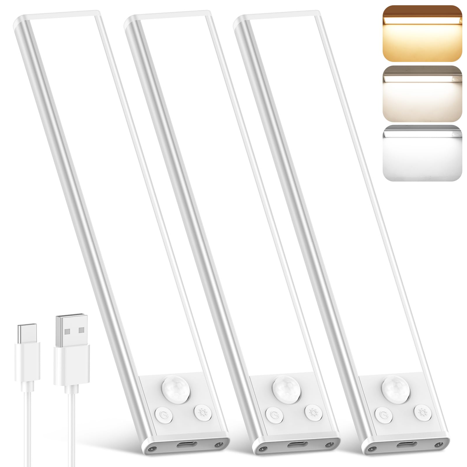 Under Cabinet Lights, 2200mAh Rechargeable Battery Operated Motion Sensor Lights Indoor, Wireless Dimmable Closet Lights, 3 Colo