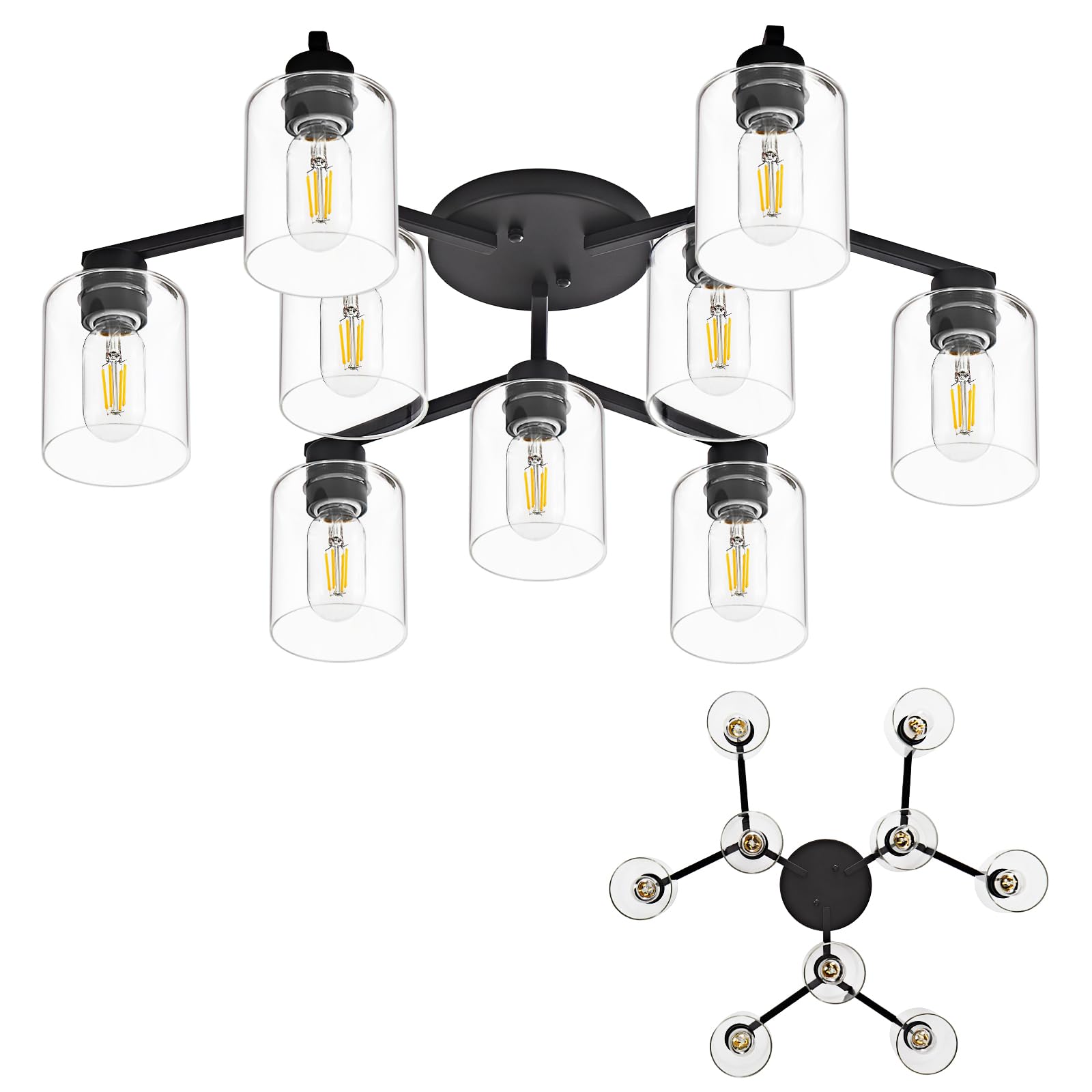 9 Light Kitchen Lighting Fixtures Ceiling Black Semi Flush Mount Ceiling Light Fixture Large Living Room Lighting Cieling Lamps For Dining Room Living Room Light Fixture With Clear Glass Shades
