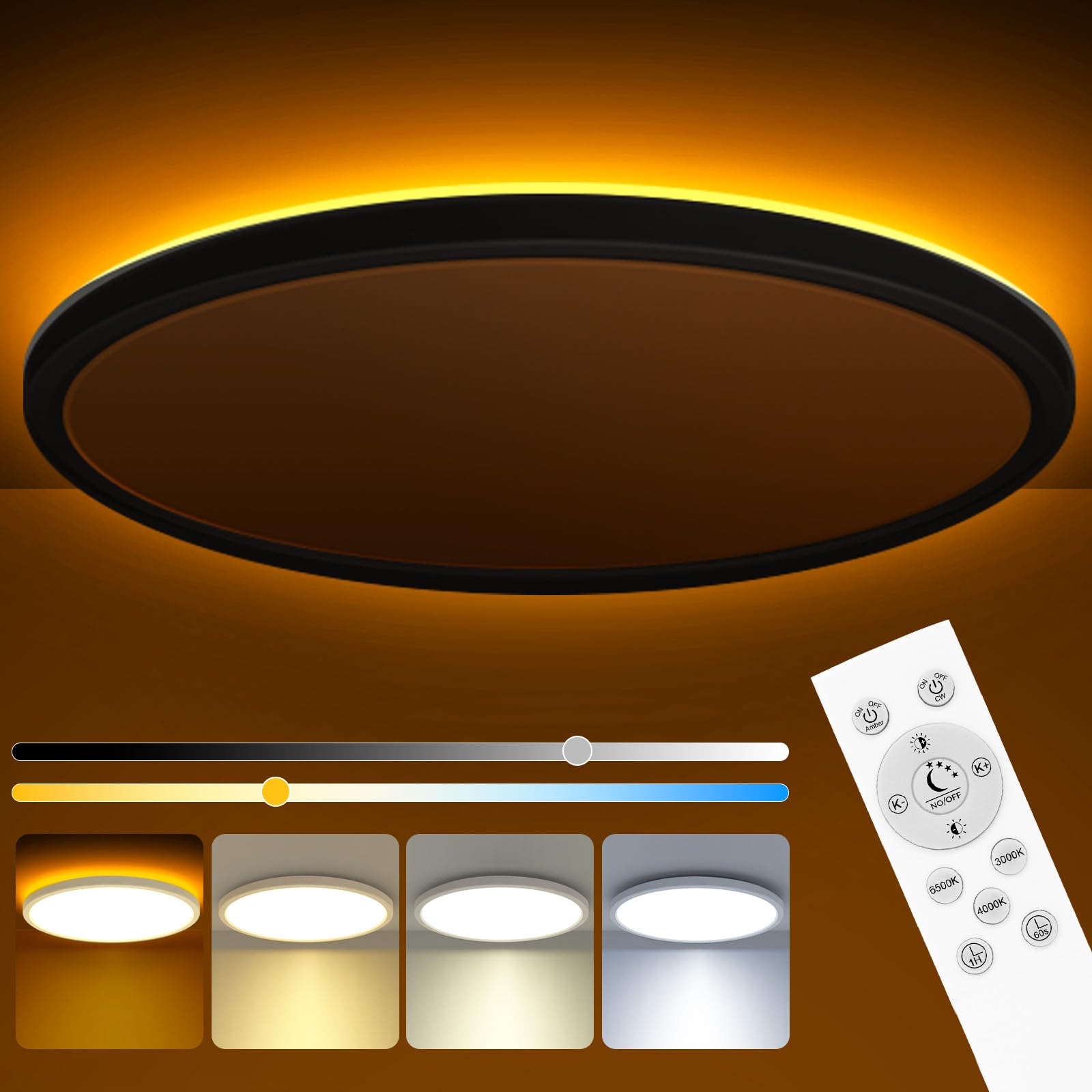 zemty 15 Inch LED Ceiling Light with Night Light 1800K, 3000K/4000K/6500K Dimmable Ceiling Light Fixtures with Remote Control, L