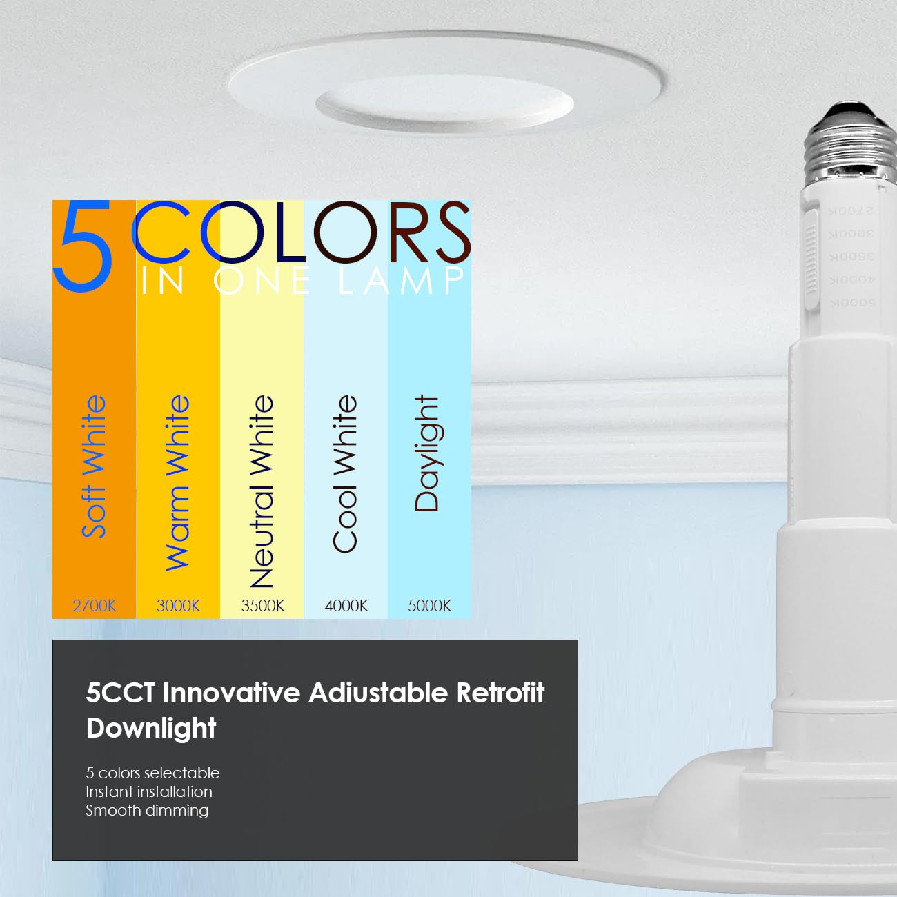 Jolux 6-Pack 5/6'' 5Cct Retrofit Led Recessed Lighting,Selectable 2700K/3000K/3500K/4000K/5000K,12W=60W,800Lumen,Dimmable Can Li