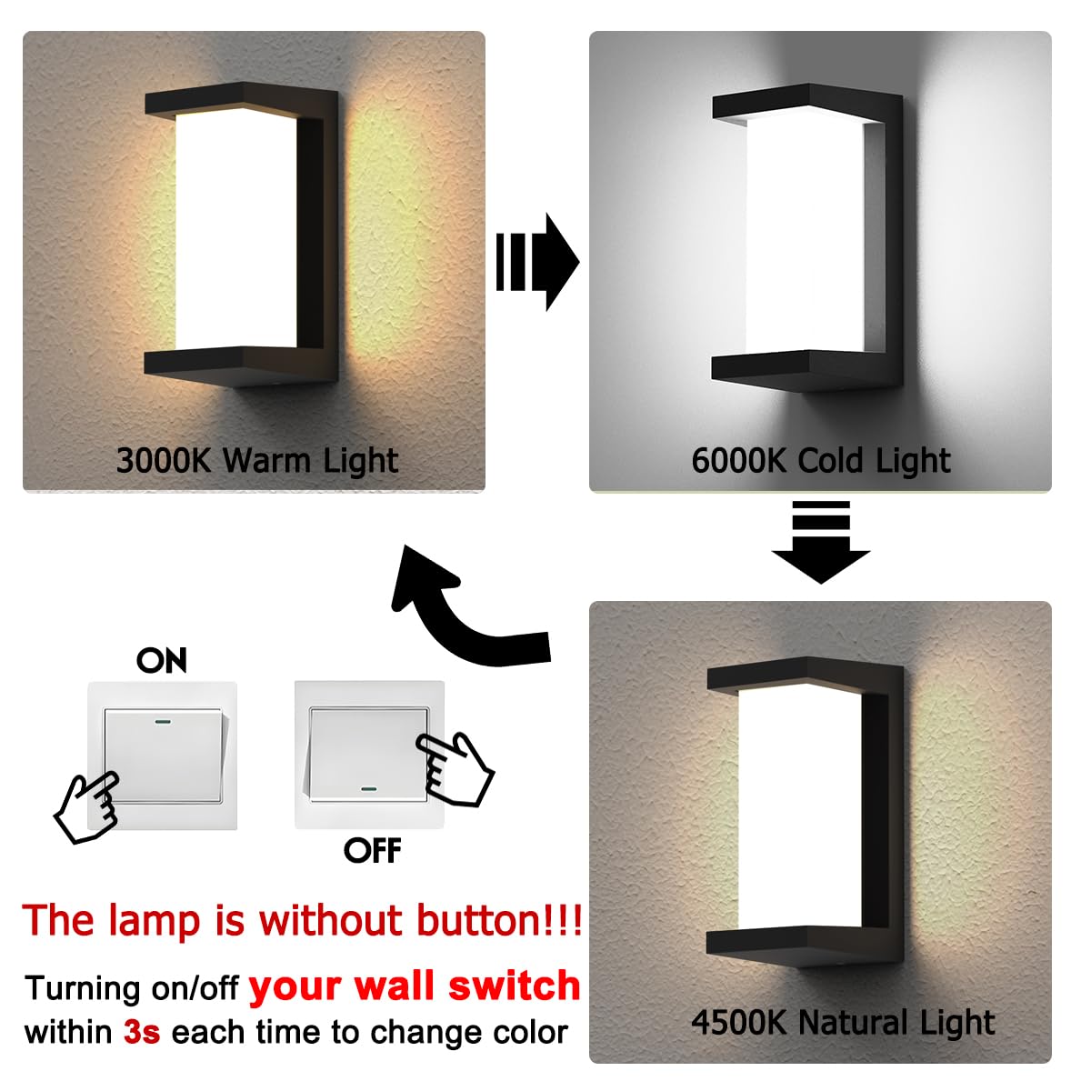 Sytmhoe 24W Led Outdoor Wall Lights, 3-Color-Changeable, Ip65 Waterproof, Matte Black,