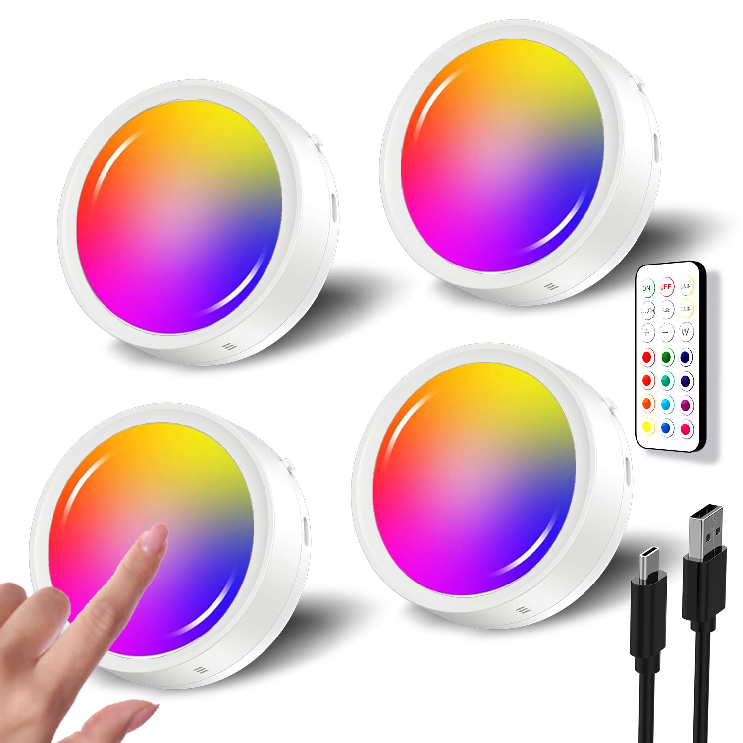 Rgb Rechargeable Puck Lights With Remote, Colored 1600Mah Battery Operated Tap Lights Stick On Led Under Cabinet Light Usb Magnetic Classroom Push Light Kitchen Counter Touch Light Press Button Light