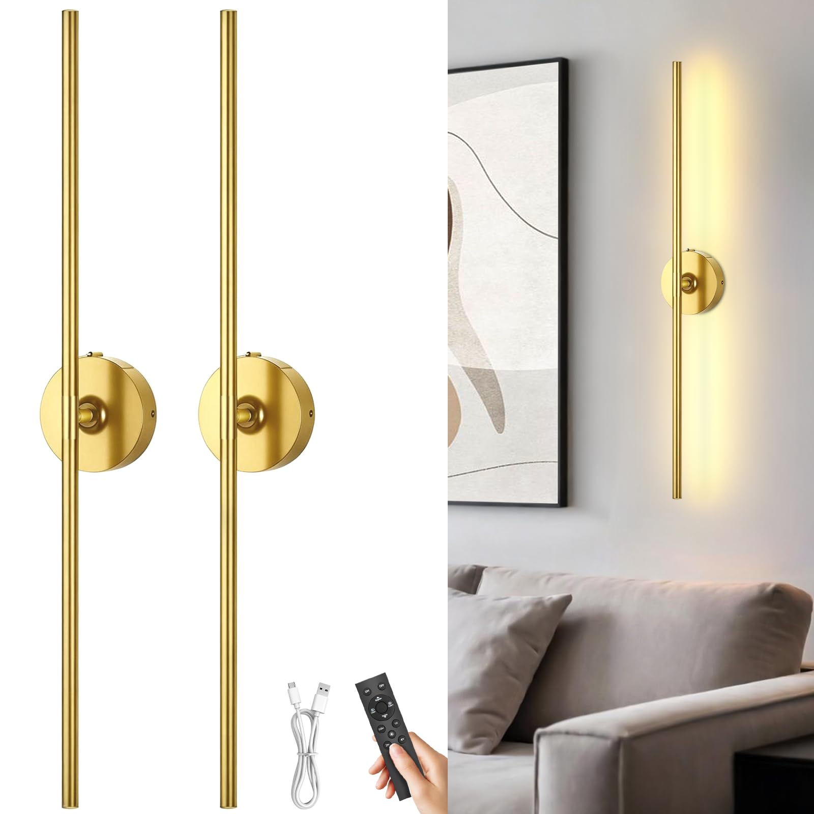 Battery Operated Wall Sconces Set of 2: 10000mAh Rechargeable Wall Lights for Living Room, 4CCT Dimmable LED Wireless Wall Lamp 