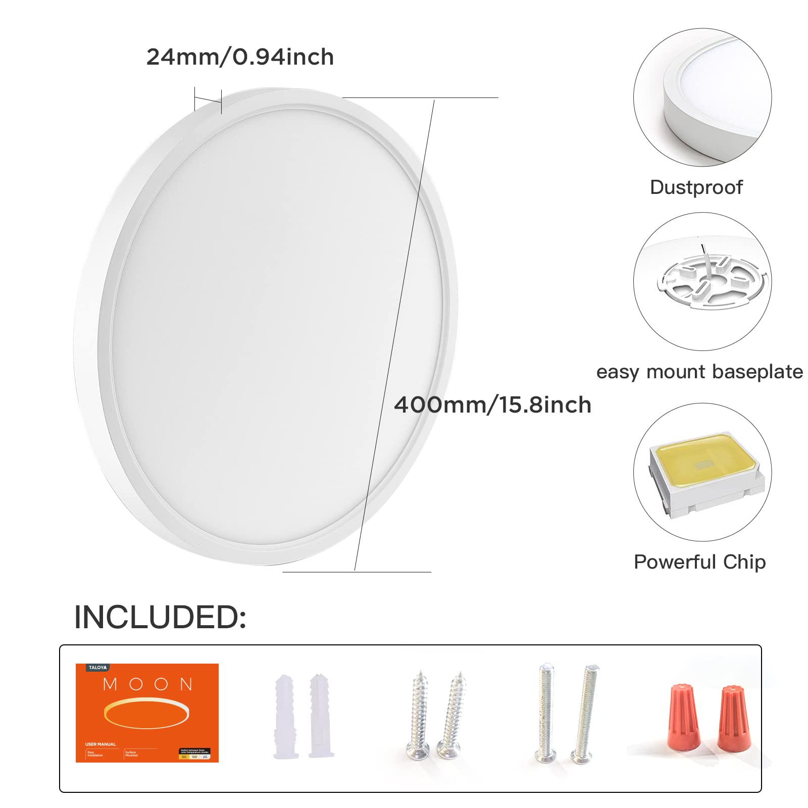 TALOYA 15.8 Inch Dimmable LED Flush Mount Ceiling Light, 24W, 3 CCT, White, Model D3-dimmable