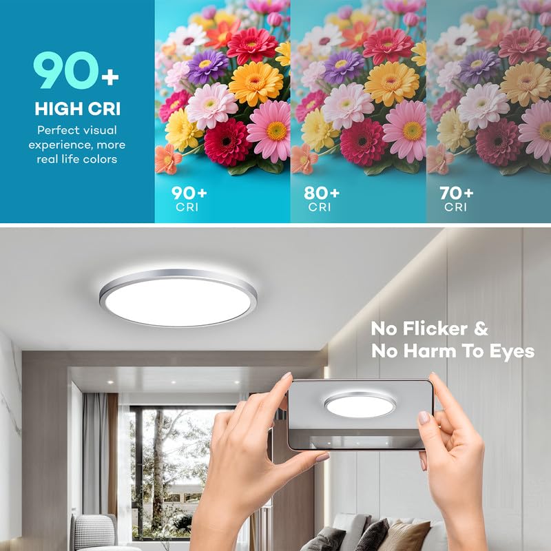 BLNAN Dimmable LED Flush Mount Ceiling Light Fixture, 12Inch, Silver, Model LD-002, Remote Control, 3000K-6500K, Low Profile