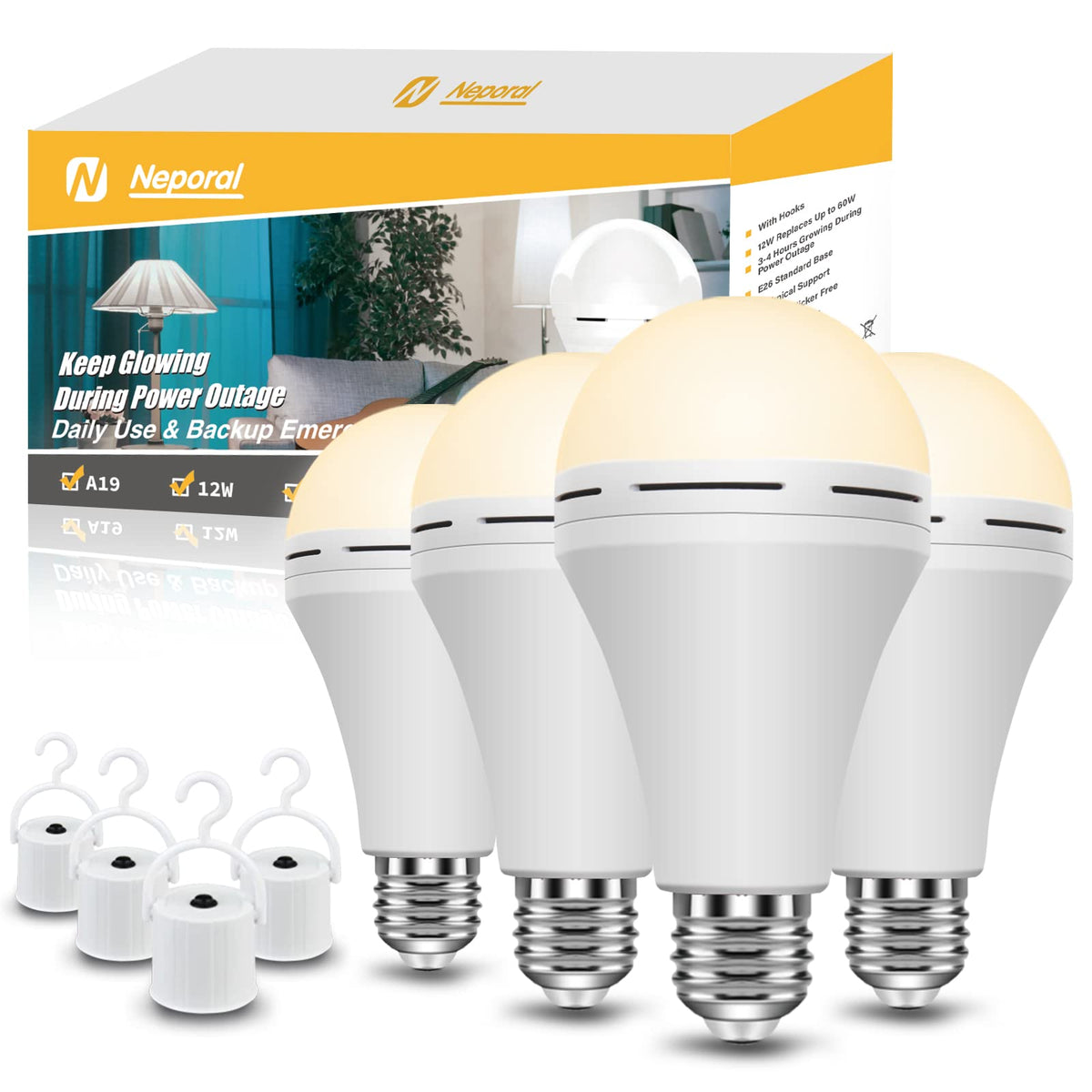 Neporal Emergency Rechargeable Light Bulbs Stay Light Up When Home Power Failure, 15W 80W Equivalent Led 1200Mah Self Charging E