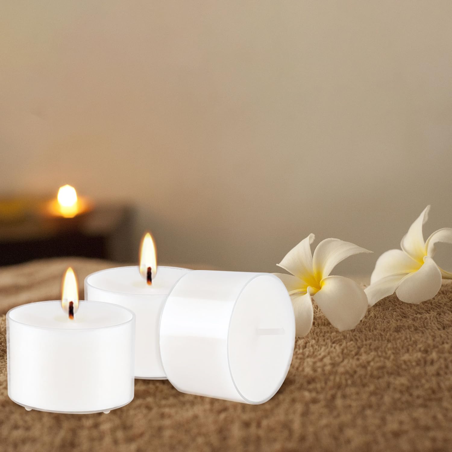 Wfmolcand Set of 50 White Scented Tealight Candles, Vanilla Fragrance, Long Burning, 1 inch, Clear Container