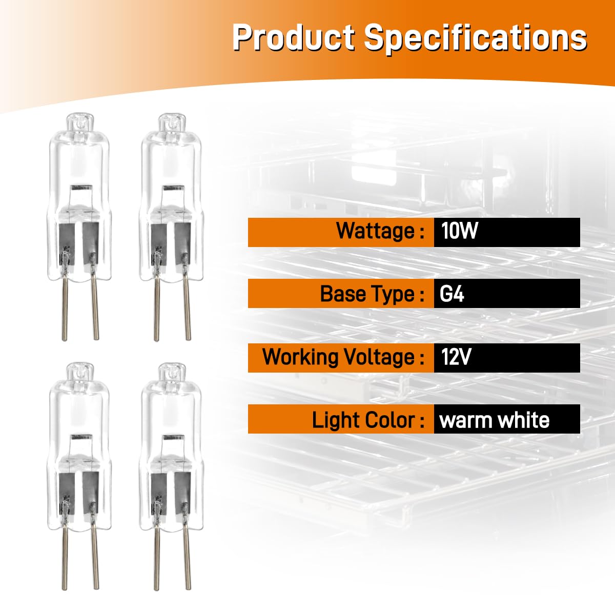 MOTOQUEEN Oven Light Bulb 10W 12V G4 Bi-Pin Base Halogen - 4 Pack, White, Model MOTOQUEEN3857