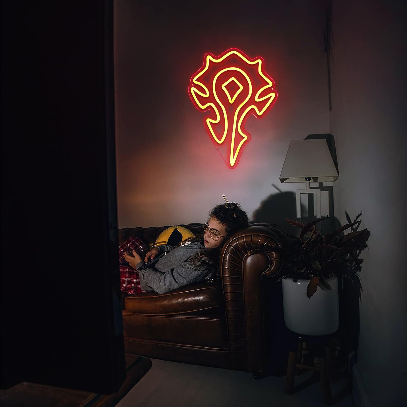Pinlangdou Red-Horde Neon Sign World of War Craft Themed Neon Lights Light Up Your Game Fantasy World for Wall Decor Kids Room B
