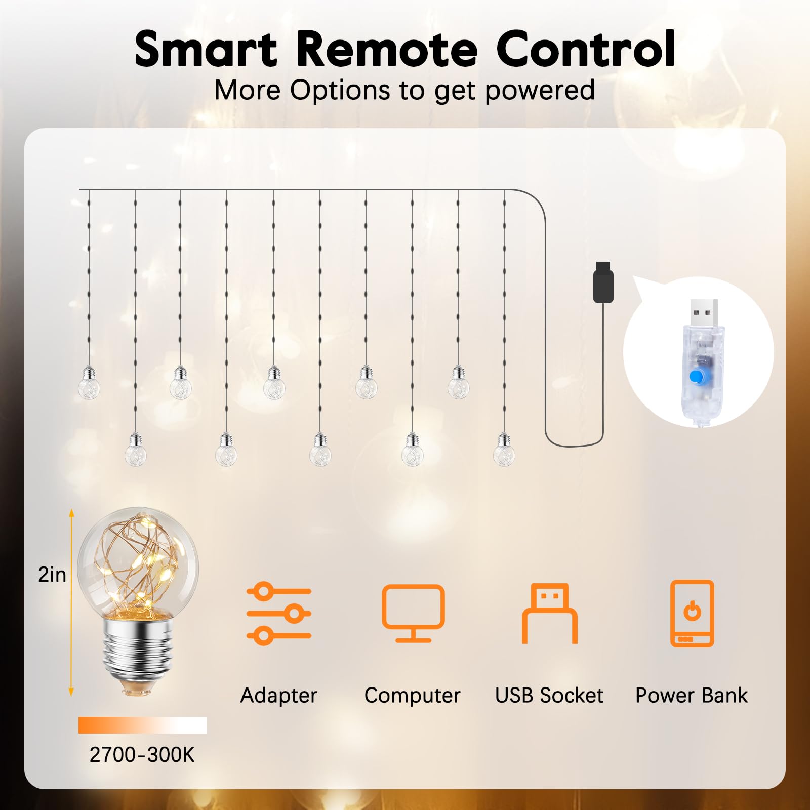 Minetom 185 Led Curtain Fairy Lights - 9.8 Ft Wishing Ball Window Hanging Lights With Remote, Usb Powered Waterproof For Christmas Wedding Bedroom Decoration, Warm White