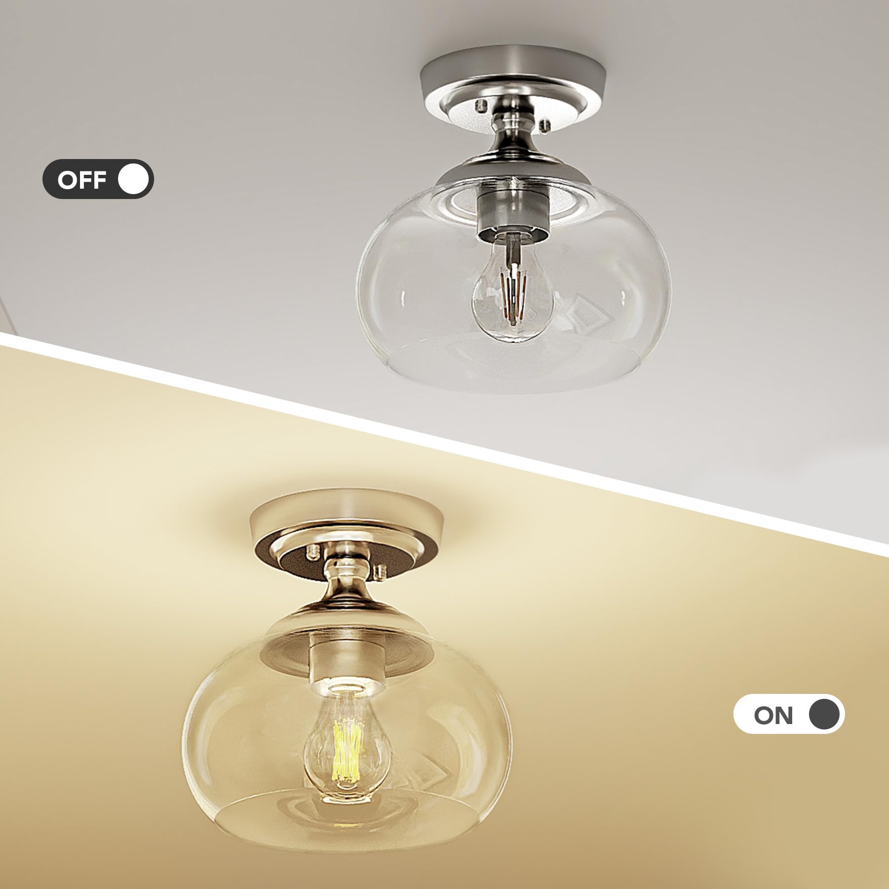 VONLUCE Industrial Semi Flush Mount Ceiling Light, 8.3in Brushed Nickel Fixture with Clear Glass Shade, Model HCF-15M6-NI