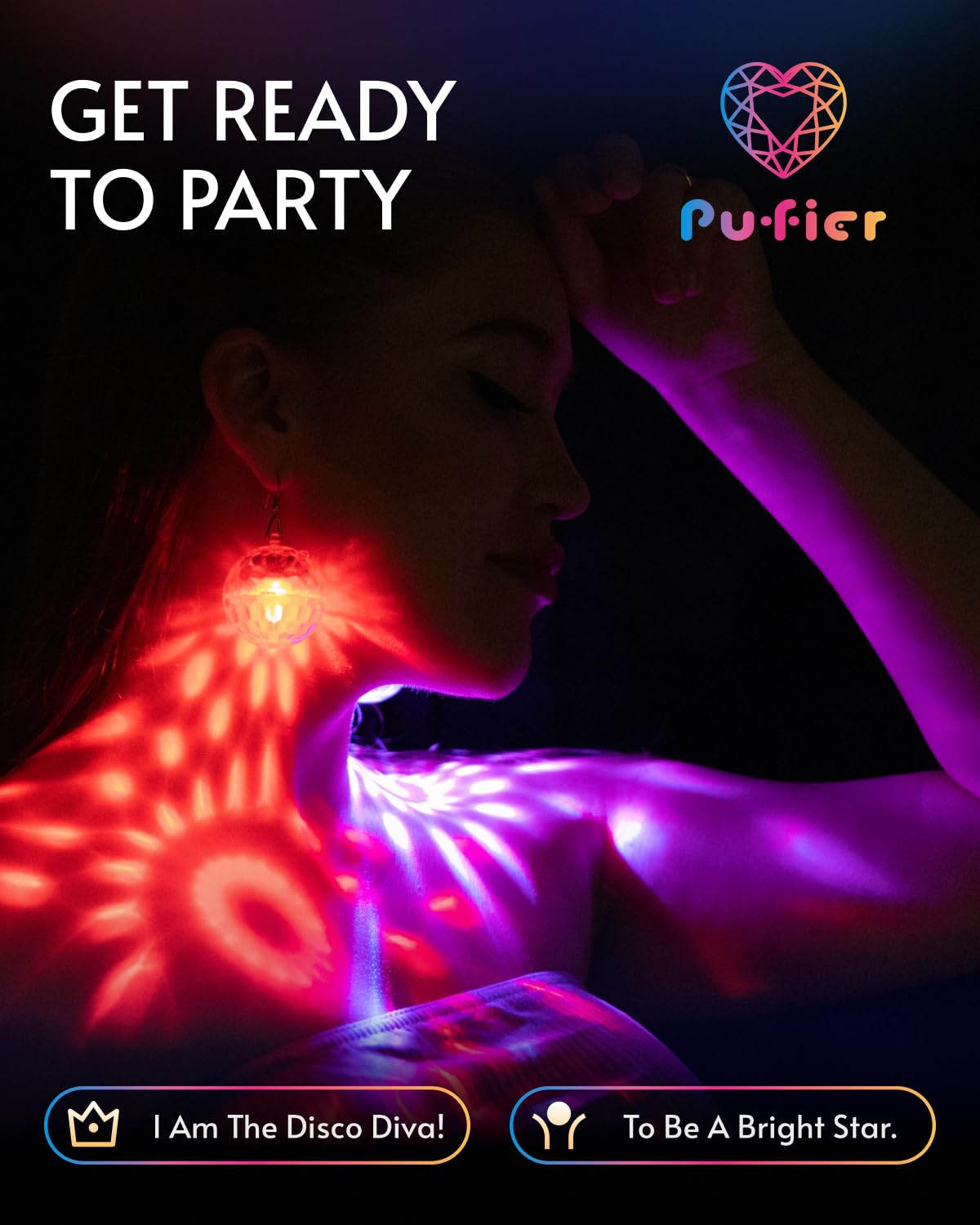 PUFIER Light Up Earrings Rhombic Disco Ball Rechargeable 60s 70s 80s Multi-colored Small Model DEB-L