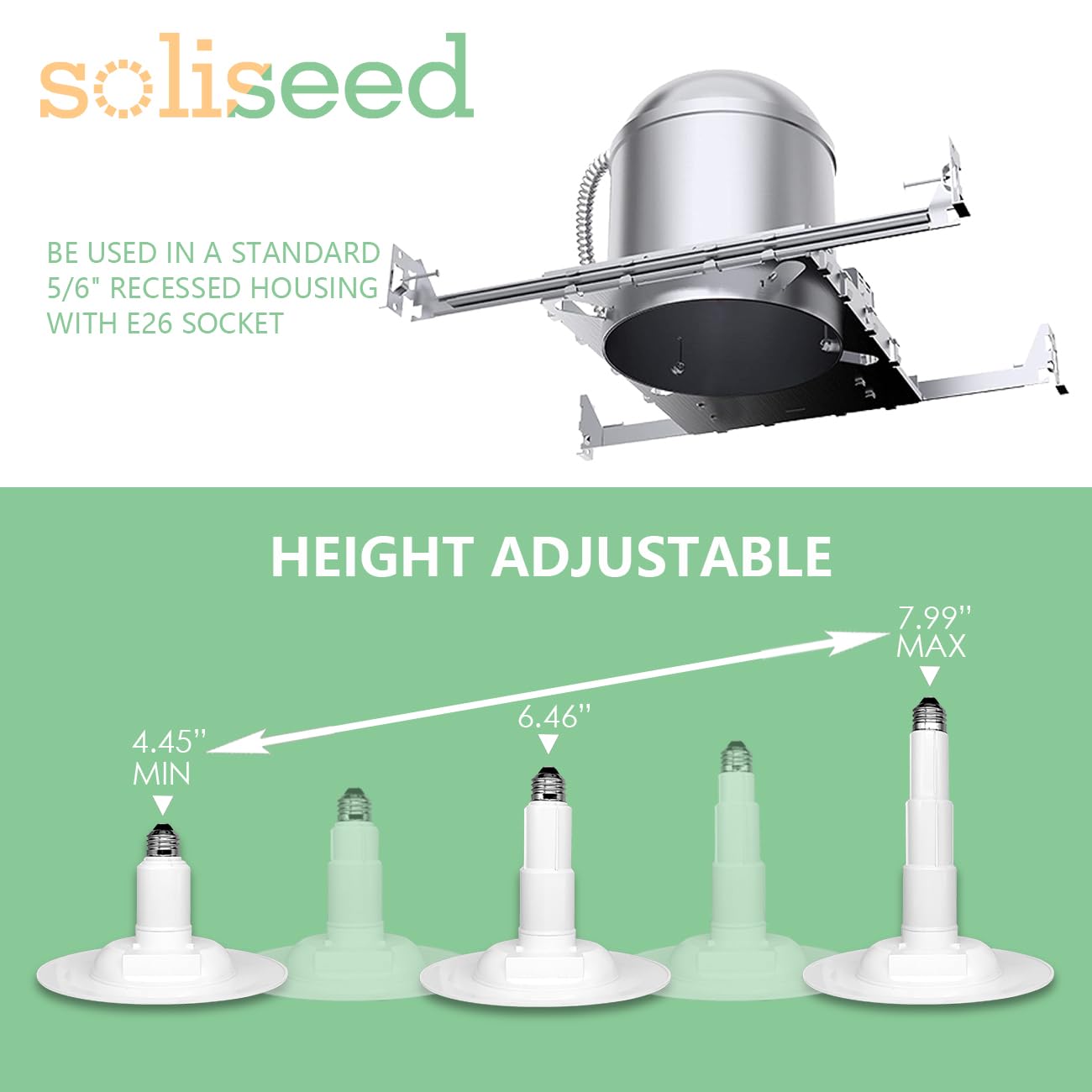 Soliseed 4 Pack 5/6 Inch Led Can Lights Length Adjustable Recessed Lights,Retrofit Downlight Etl Damp Rated,12W=60W,5000K Daylight,800Lm, Dimmable,Bevel Trim,Easy Install