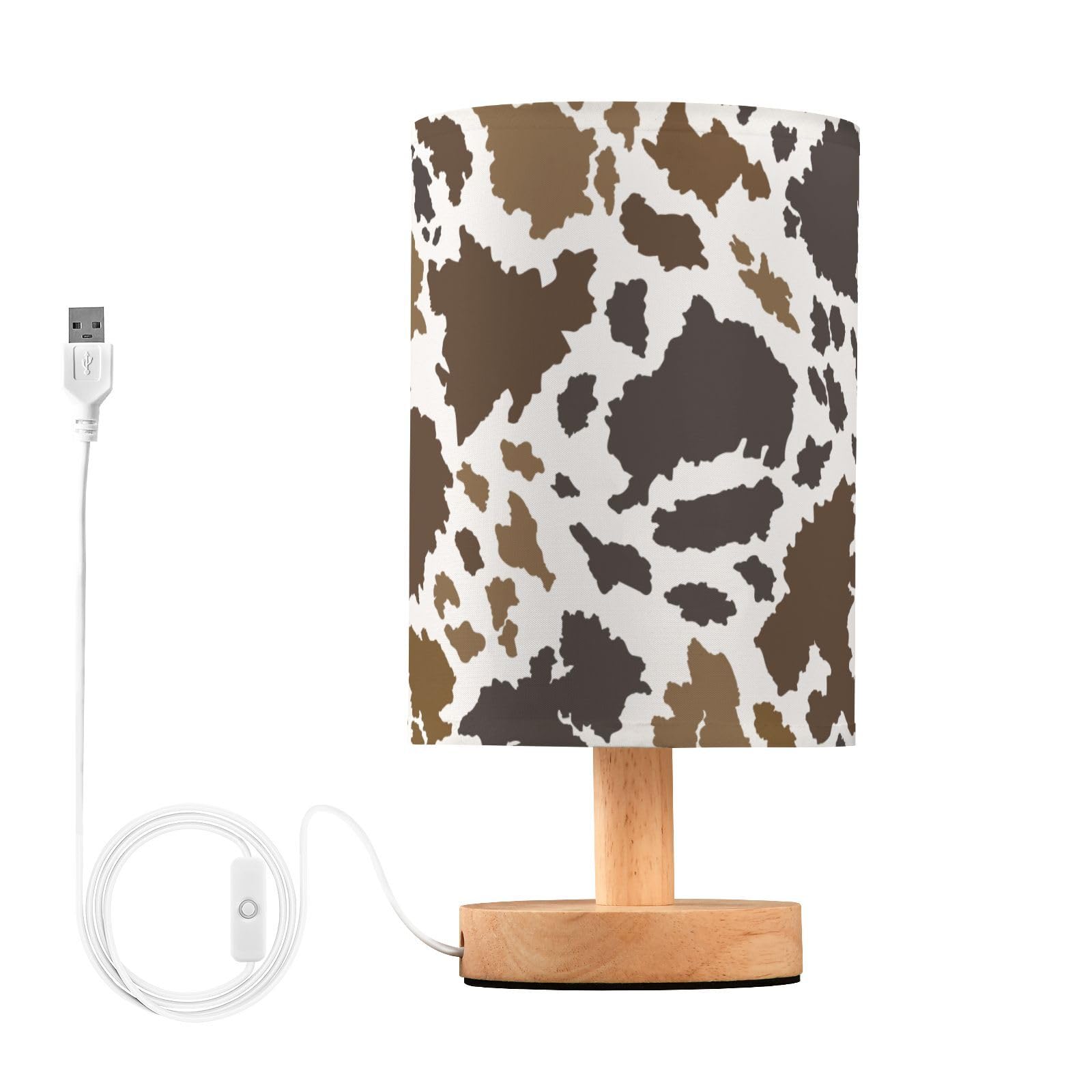 Oarencol Bedside Table Lamp Cow Print Nightstand Lamp with Wood Brown Animals Skin Desk Lamps for Bedroom Living Room Nursery Of