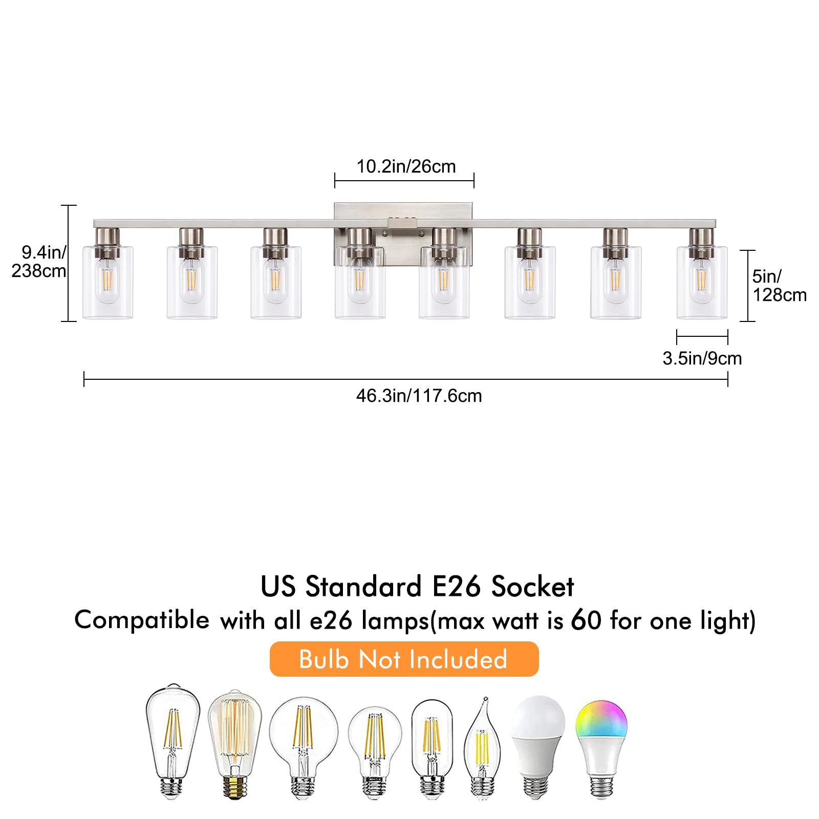 Hdasic 8 Light Bathroom Vanity Light  Large Brushed Nickel Vanity Lights Fixtures  Bathroom Lighting Fixture Over Mirror With Clear Glass Shade For Mirror  Bedroom  Living Room  Wall Lamp