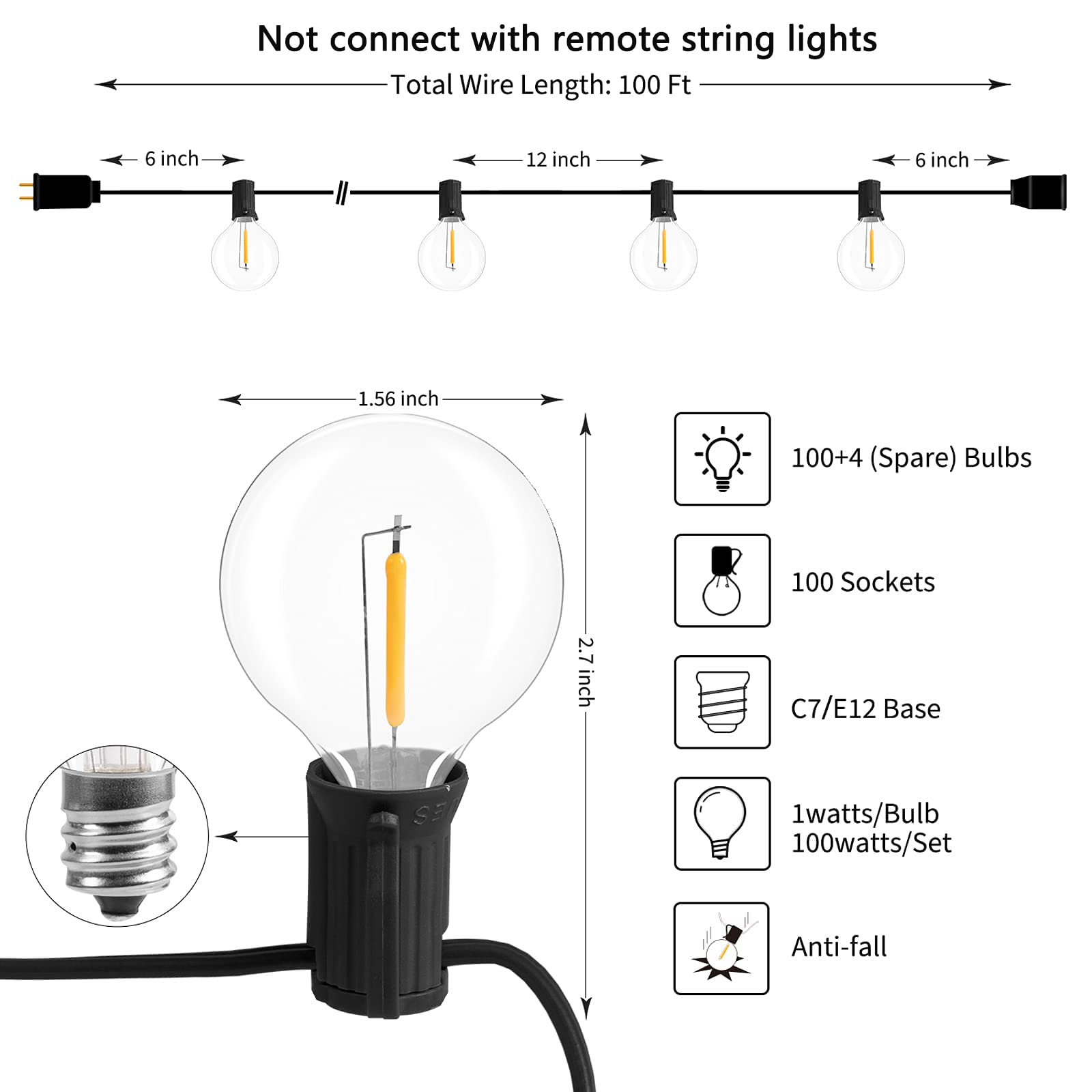 Brightown LED G40 Outdoor String Lights, 100FT, 104 Shatterproof Bulbs, Warm White, Weatherproof, E12 Socket, Model e73ccb11-45ab-443