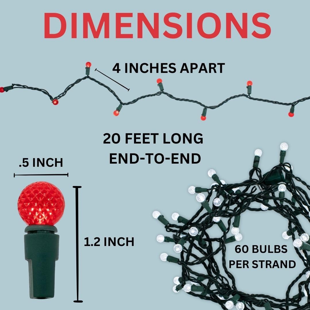 Chillkat LED Christmas Tree Lights, 60 Count G12 Globe, 20ft Green Wire, UL Certified, Red