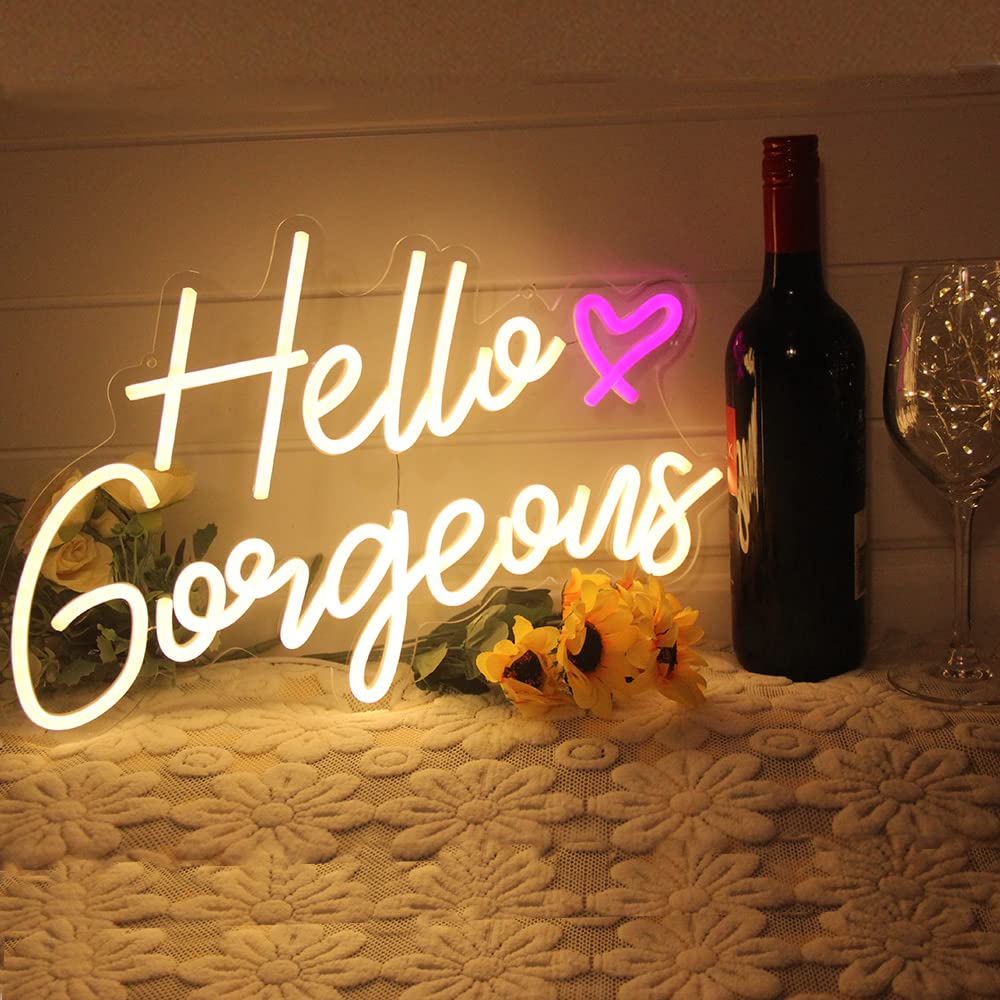 Dakabuka Hello Gorgeous Neon Sign Hello Beautiful Warm White Led Neon Lights For Home Wedding Birthday Backdrop Bacelorette Party Wth Dimmable Switch(5V,16.5X10.6Inches)