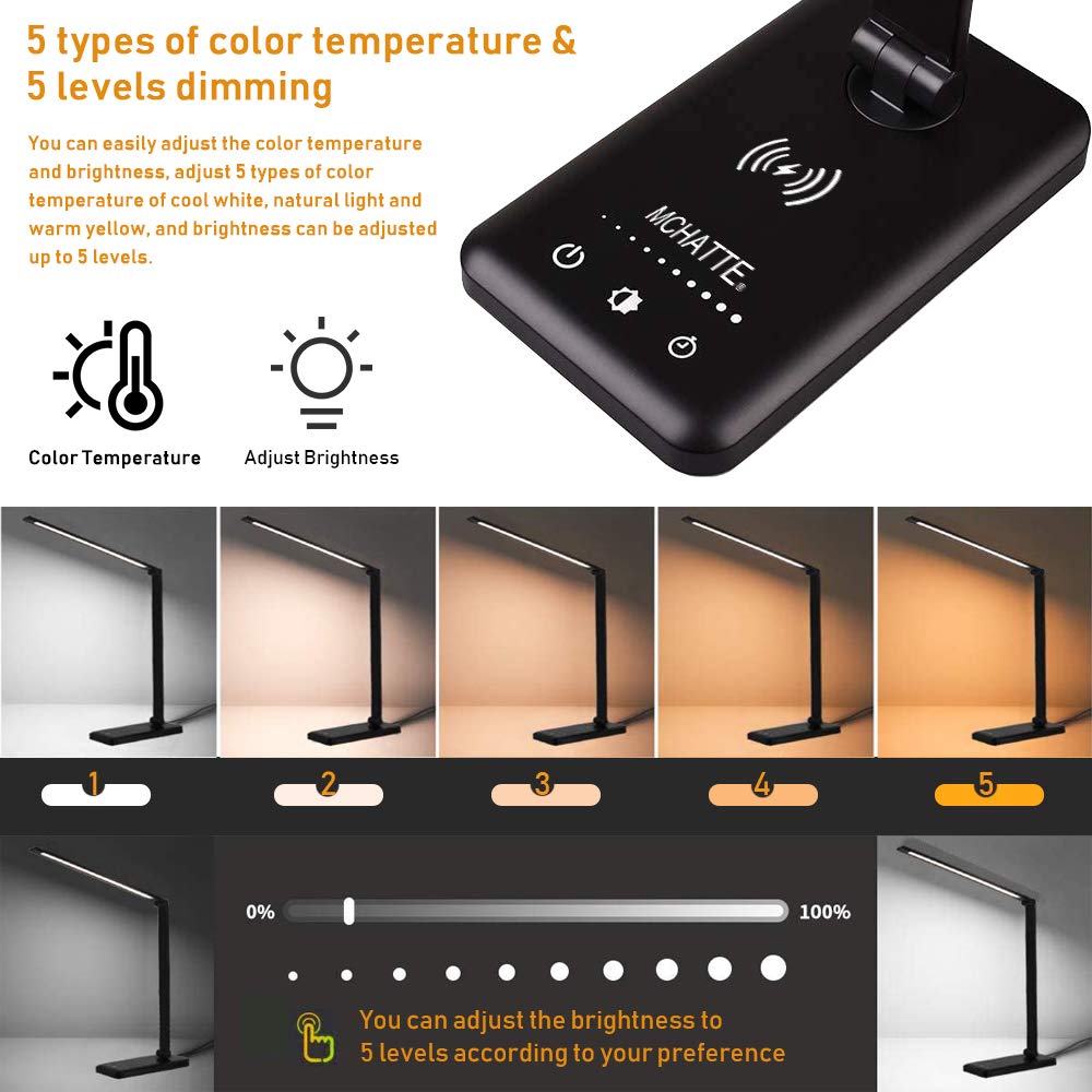 MCHATTE LED Desk Lamp with Wireless Charger, Dimmable Light, Touch Control, Black, Model 009A