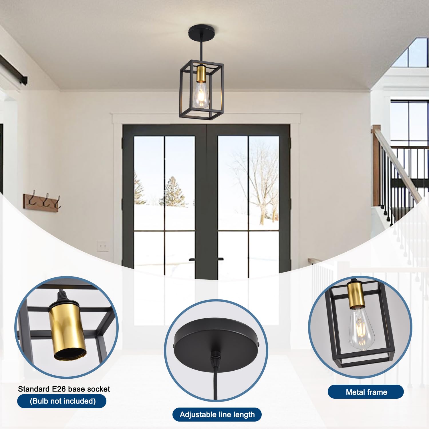 Aojunsansan Black Pendant Lights For Kitchen Island Industrial Lantern Pendant Light Fixtures With Golden Lamp Cup  Farmhouse Adjustable Height Hanging Pendant Lighting