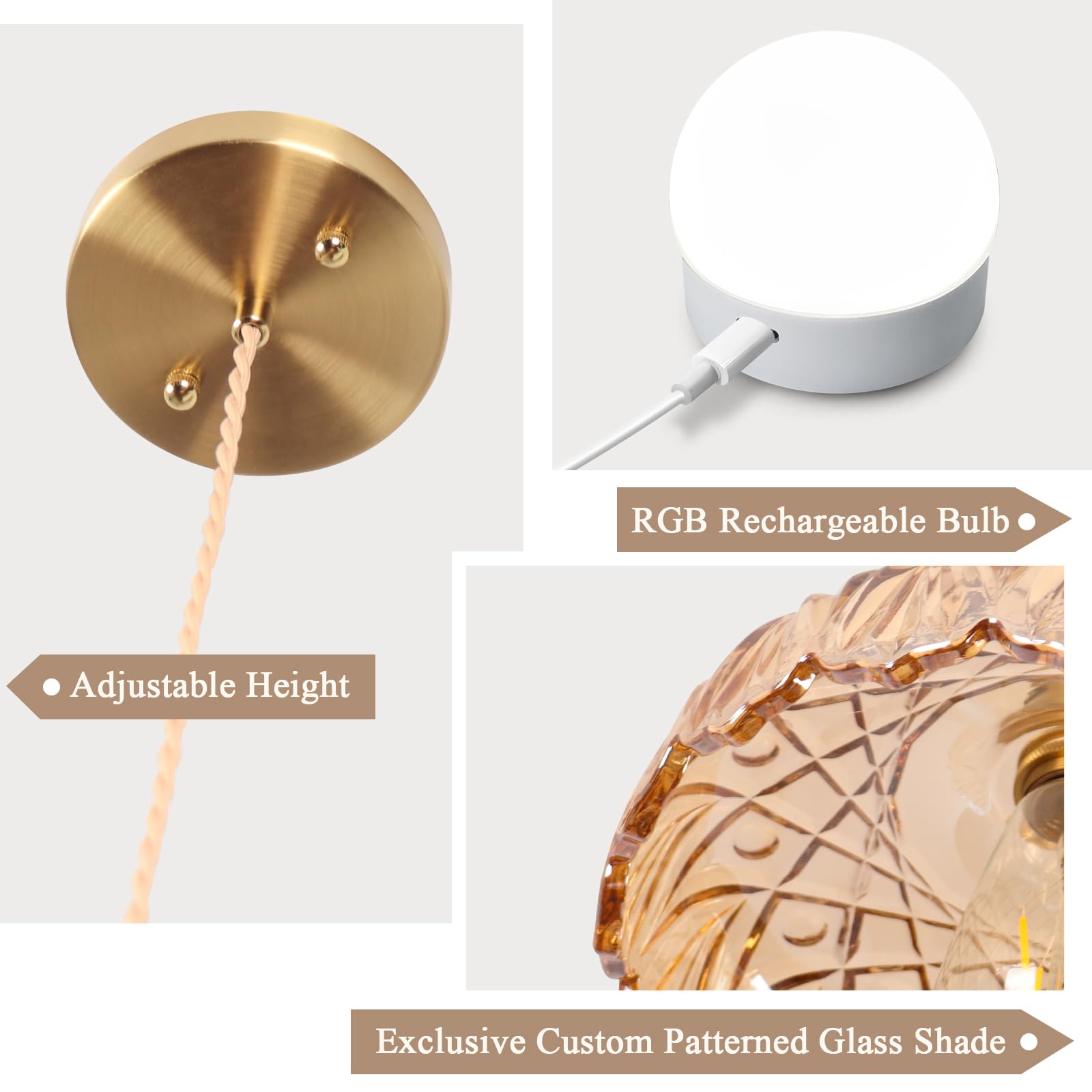 Loiogohot Battery Operated Pendant Light, Vintage 9.4in Amber Chandelier, Glass, Remote Control, Model PL-BN1167-CD-AM