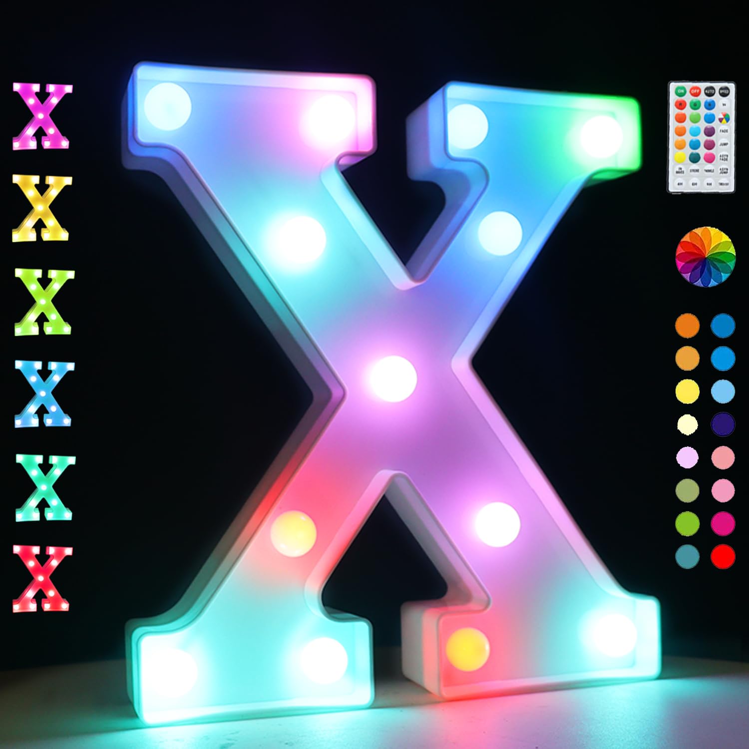 OYCBUZO LED Marquee Letter Lights, 18 Color Changing, Remote Timer, Plastic, for Bedroom, Wedding, Party Decor, Colorful X