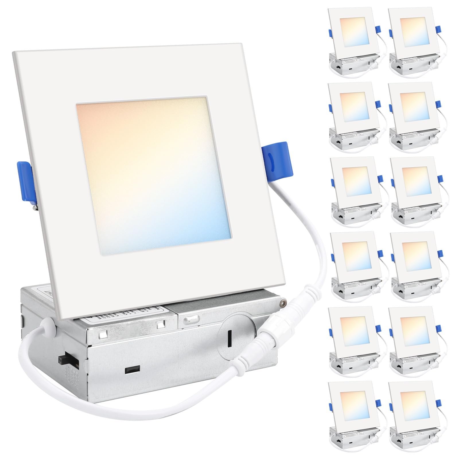 HONZIN Square LED Recessed Lighting 4 Inch, 5CCT Ultra Thin Led Recessed Ceiling Lights 12 Pack, Selectable 2700K/3000K/3500K/40