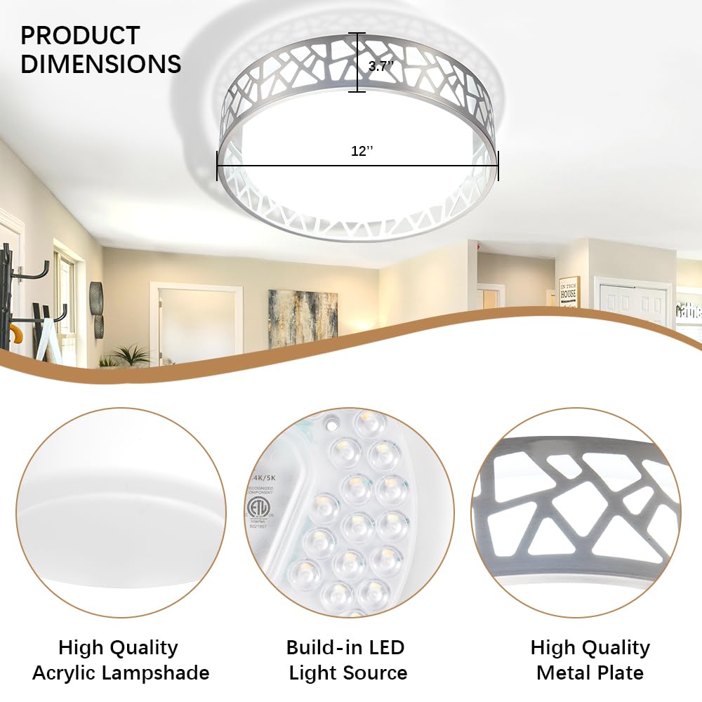 Vicnie Flush Mount Ceilling Light Fixture With Remote Control, 12 Inch 3000K-6500K Led Ceiling Lights,24W Brushed Nickel Ceiling