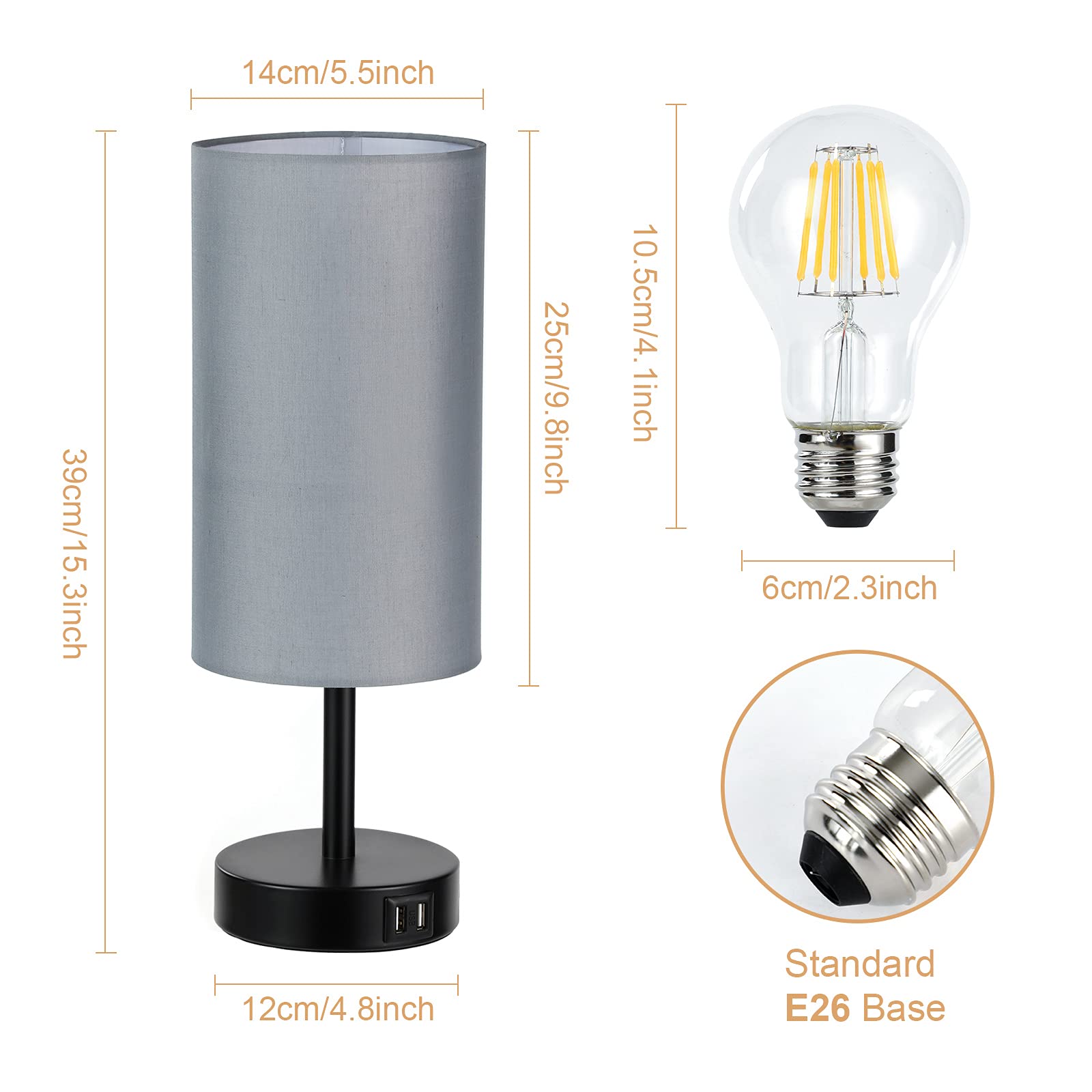 Yarra-Decor Bedside Lamp With Usb Port - Touch Control Table Lamp For Bedroom 3 Way Dimmable Nightstand Lamp With Round Grey Fabric Shade For Living Room, Dorm, Home Office (Led Bulb Included)