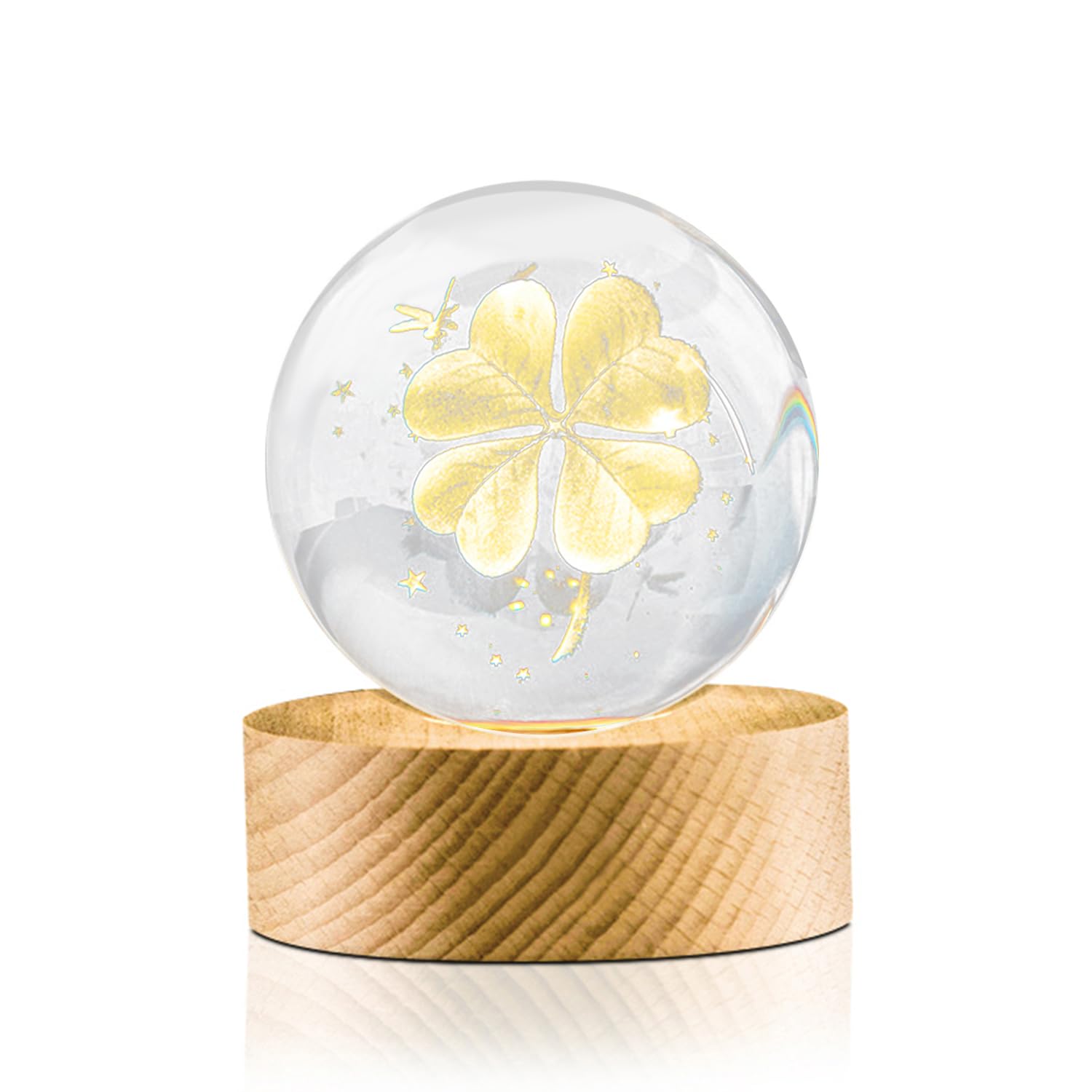 Flexzion 3D Clover Crystal Ball Night Light - Led Light Hologram Glass Lamp With Solid Wood Base  Usb Powered Crystal Ball Lamp With Adjustable Brightness For Home Decor Display Gift  2.4Inch(60Mm)