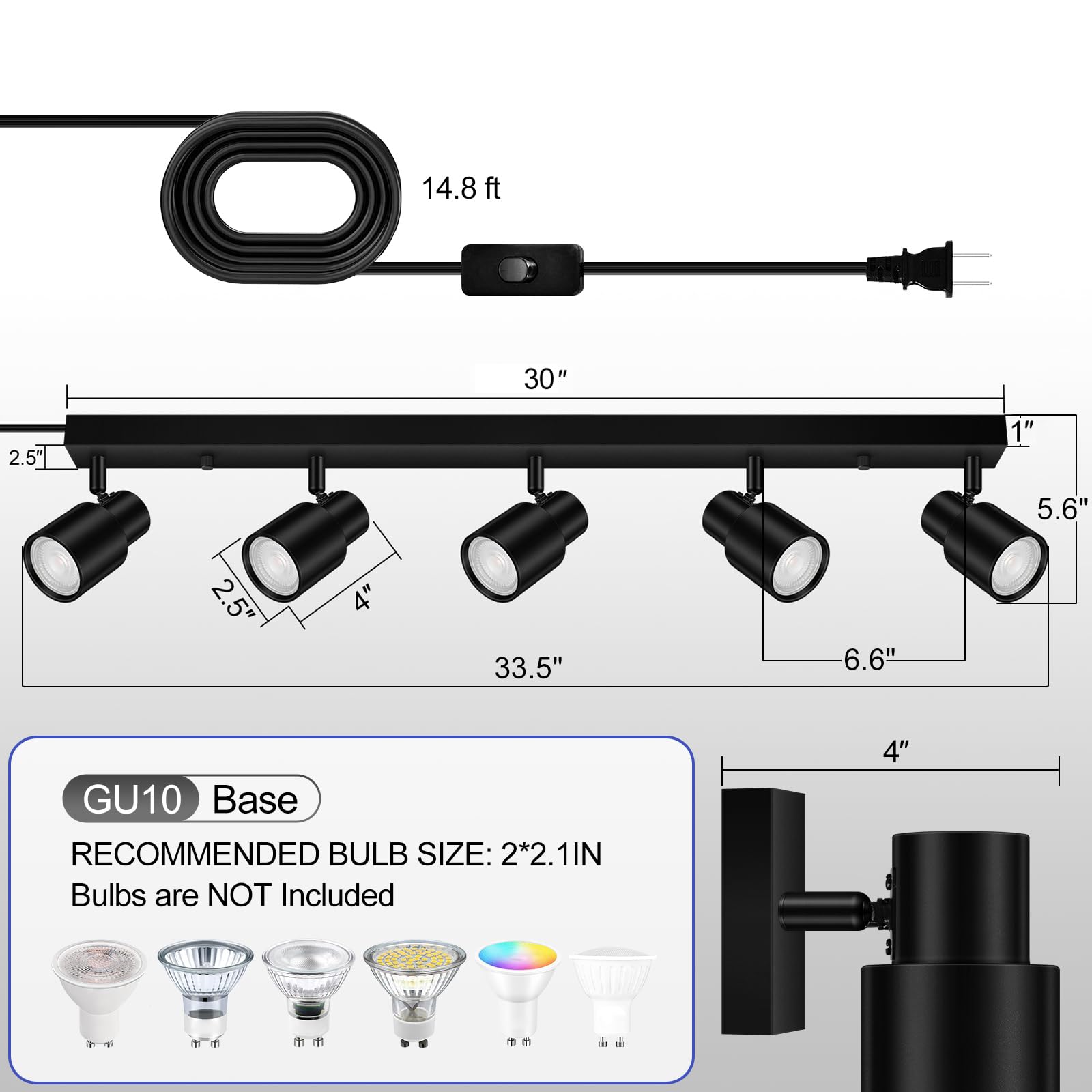 Bricosmocon 30 Black 5-Light Plug in Track Lighting, LED Ceiling Fixtures with 15FT Cord & Rotatable Heads for Kitchen & Hallway