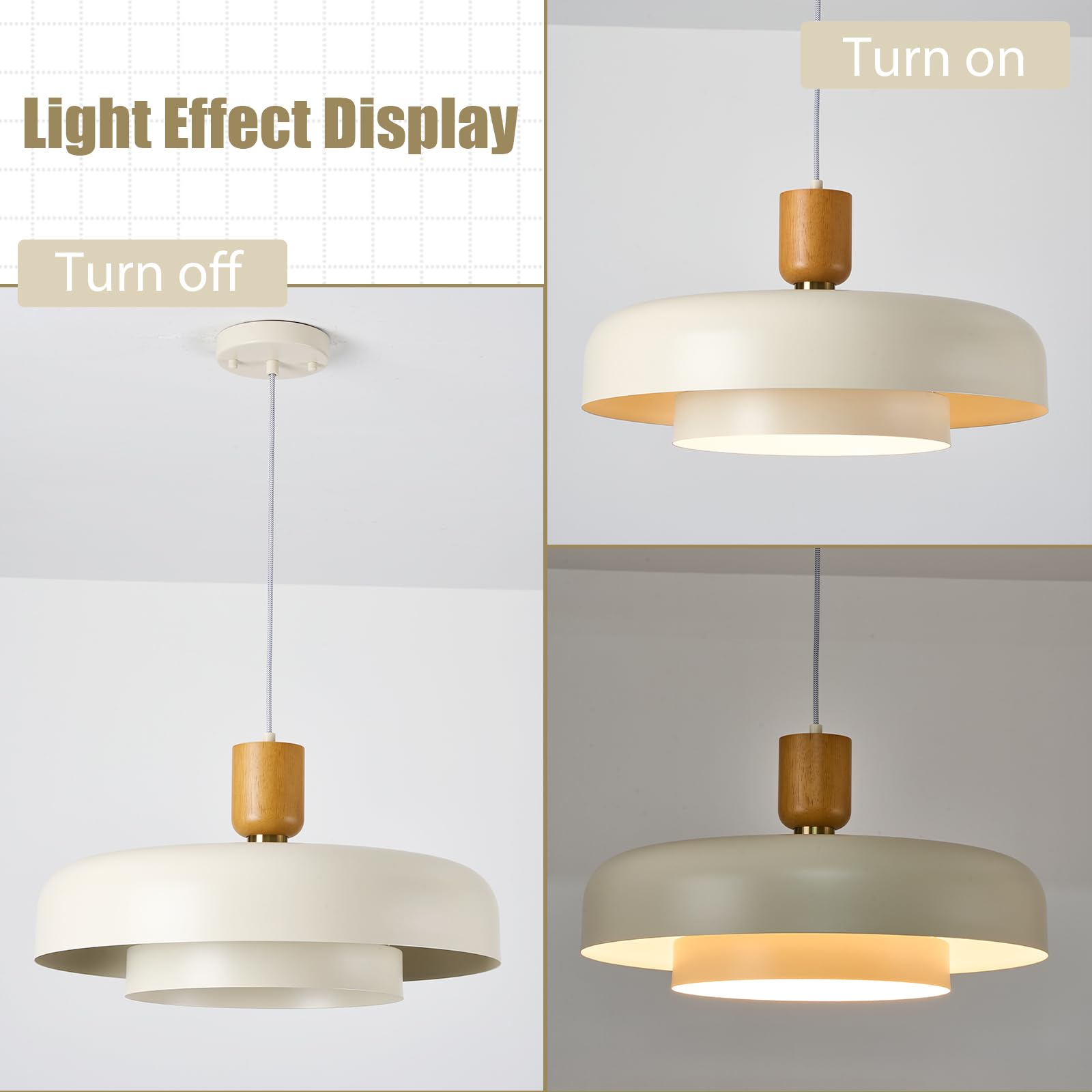 TeHenoo Modern Large Pendant Light, 19.68" 2-Tier Soft Cream Shades, Natural Wood & Brass, Mid Century Chandelier for Dining Room
