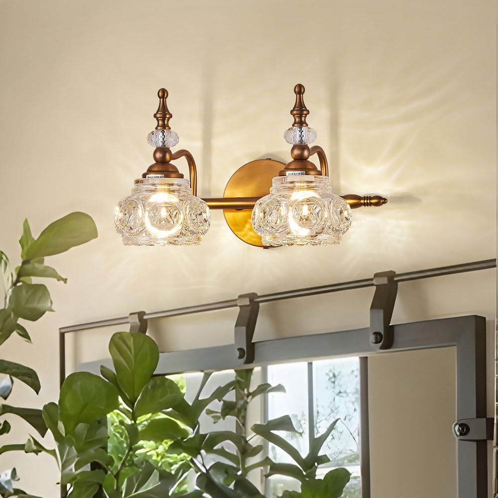 ZILANL 2-Light Vintage Bathroom Vanity Light, Matte Brushed Antique Brass, Crystal Glass Shade, Model MJ-W885-2