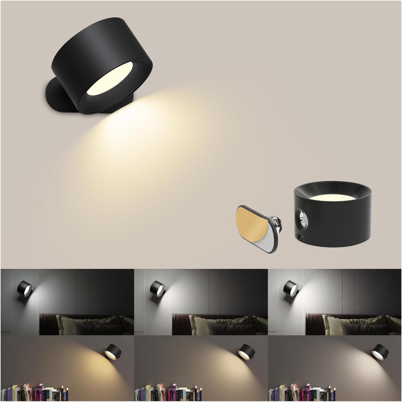 AKSDA Led Wall Sconces, Battery Operated, USB Charging, 3 Color Temperatures, 3 Brightness Levels, Black, Model Rblack2