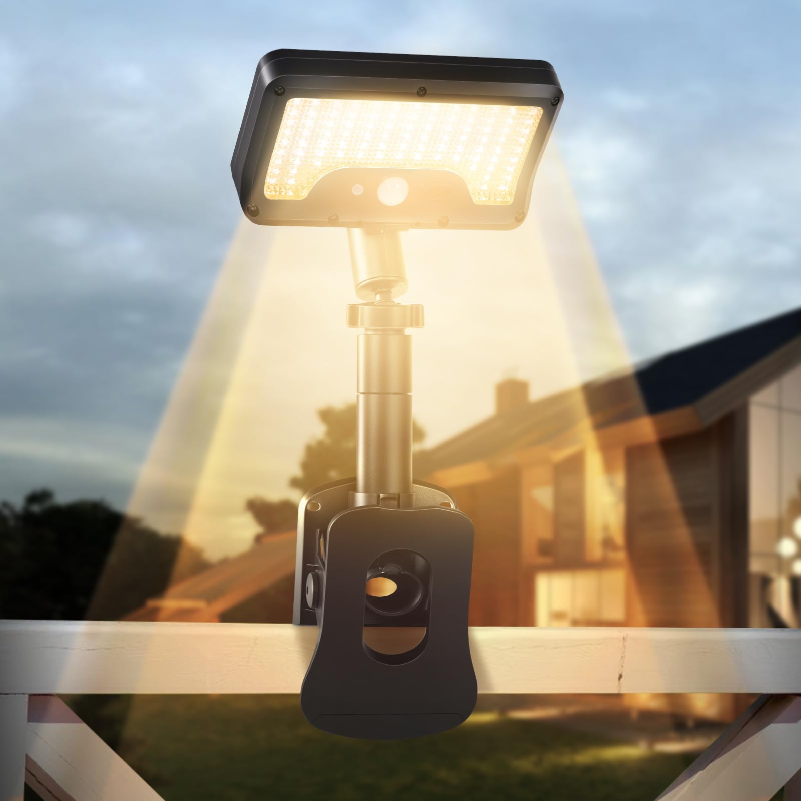 Clip on Solar Lights Outdoor with Motion Sensor  360Rotatable & Vertically Adjustable Solar Fence Lights with 92 LEDs (600 LM  3000 K)  IP65 Waterproof Security Light for Chain Link  Gutter  Camping