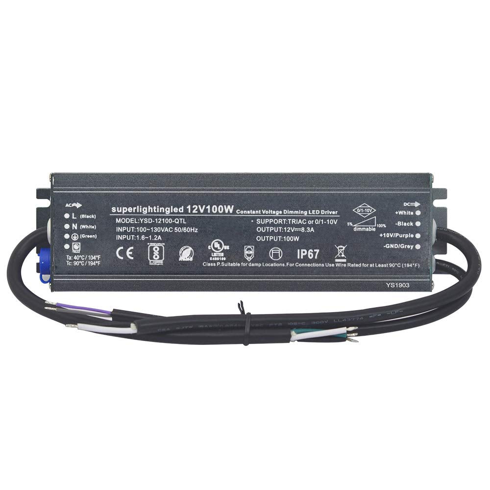 SuperlightingLED 12V 100W Waterproof Power Supply, 0-10V & TRIAC Dimmable, Black, for LED Strip Lights and Outdoor Lighting