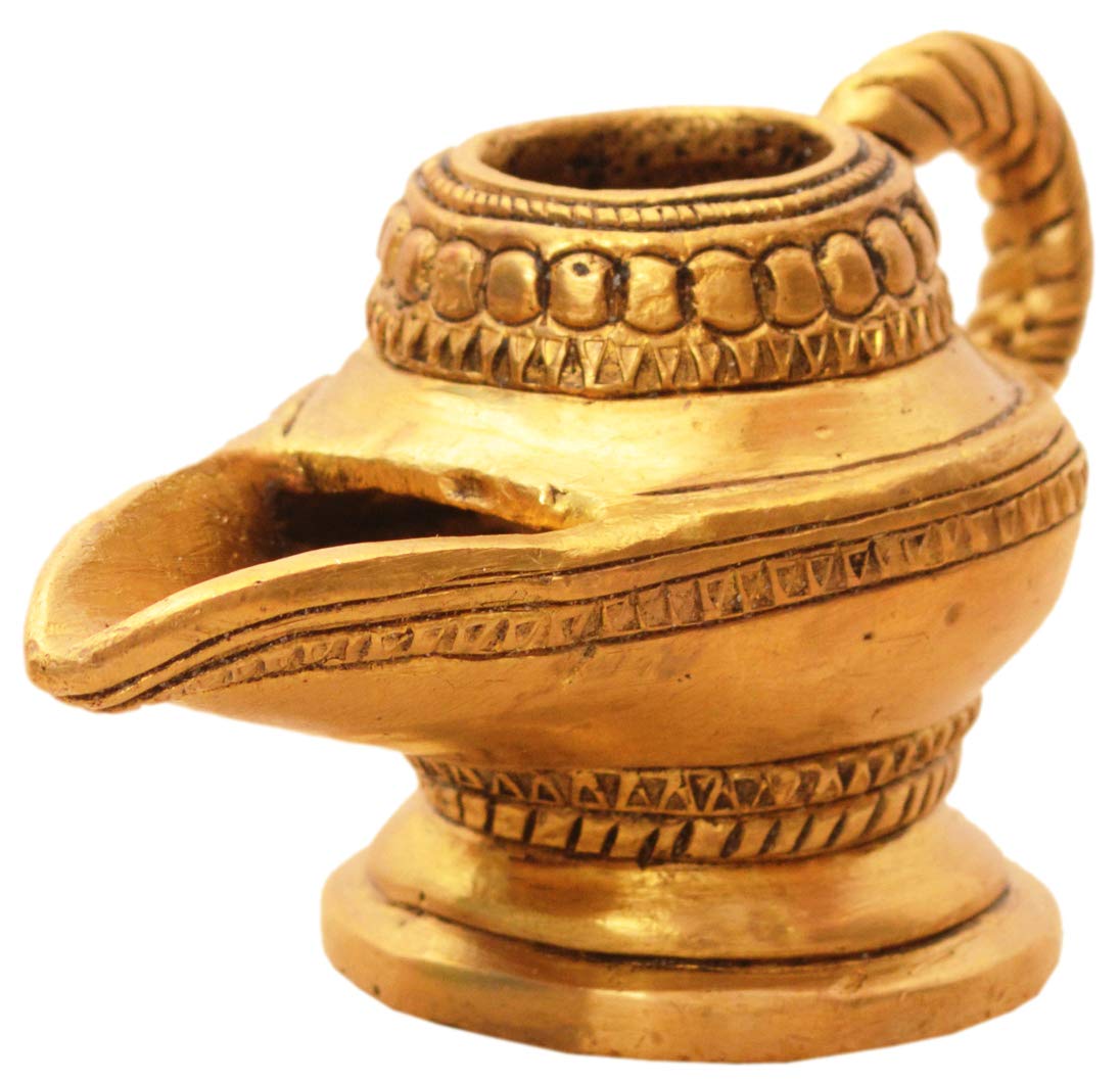 Purpledip Brass Lamp Anajli Holder: Magic Lamp Or Aladin'S Chirag Shape Charan Amrit Vessel For Home Temple (10913)