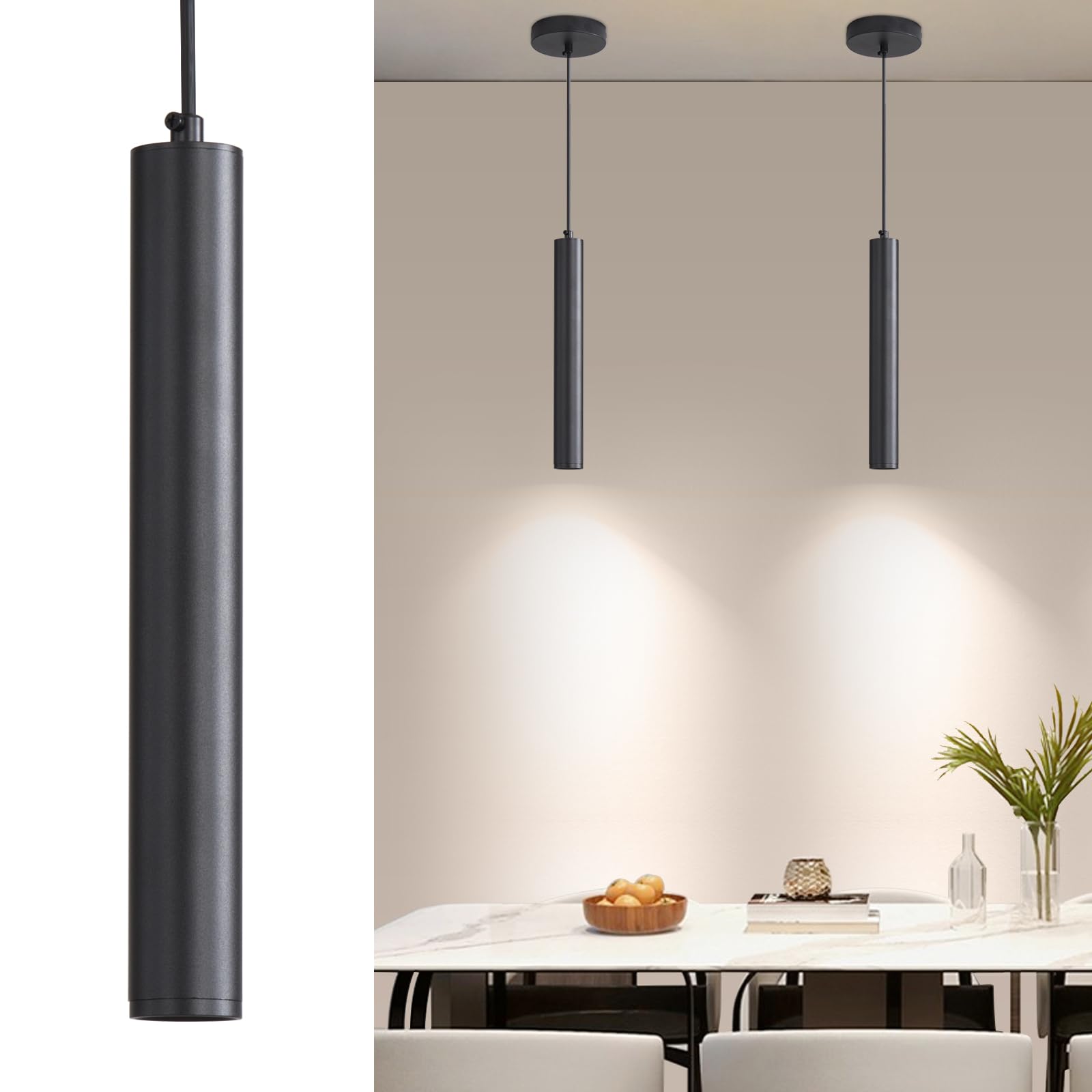 Daoseolo 2 Pack Mini Kitchen Island Pendant Light  Led Minimalist Ceiling Hanging Light  3 Color 3000K/4500K/6500K  Adjustable Height  Black Modern Linear Lamp Lighting For Dining Room  Bedroom  Bar