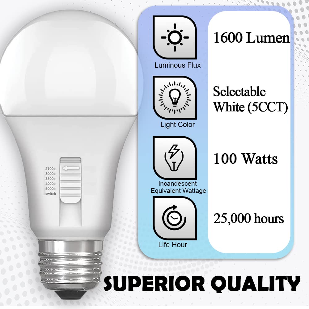 LABORATE LIGHTING A19 LED Light Bulbs - Color Selectable, 100W, 1600 Lumens, E26 Base, Soft White to Daylight White, 2-Pack