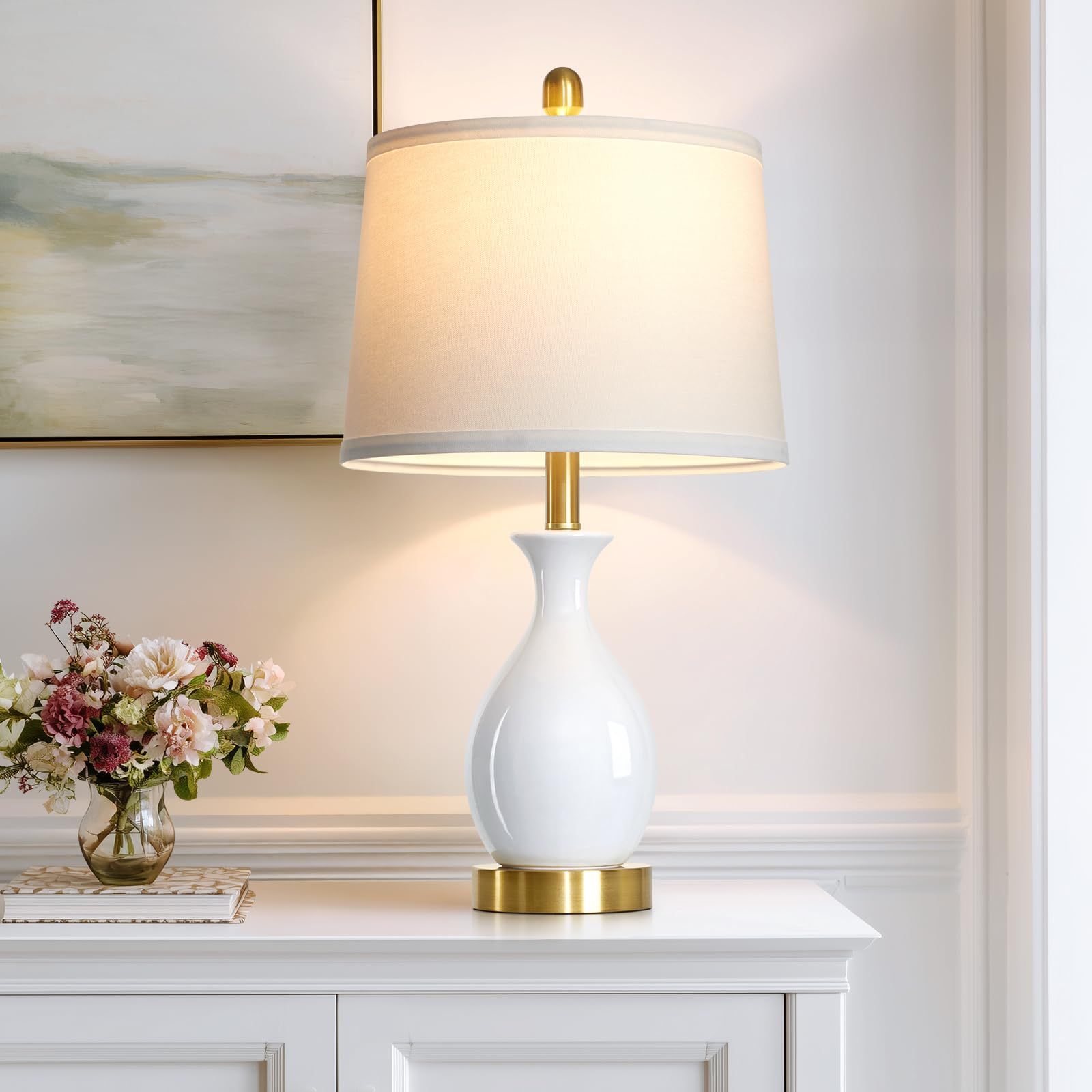 luxeflow 24 Bedside Table Lamp for Bedroom, Modern Classic Ceramic Lamp for Living Room, Small White Table Lamps for Nightstand 